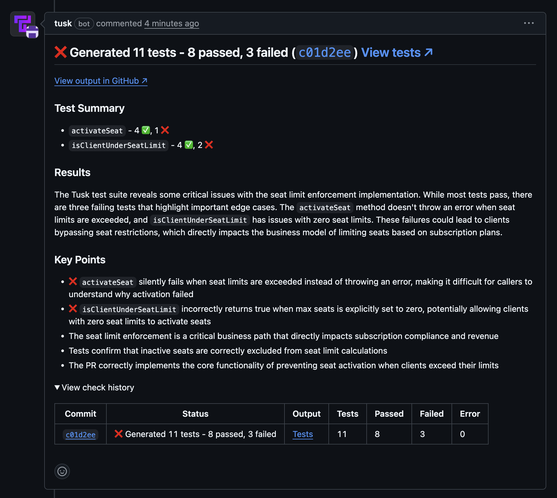 Tusk's PR comment post-check in GitHub in dark mode