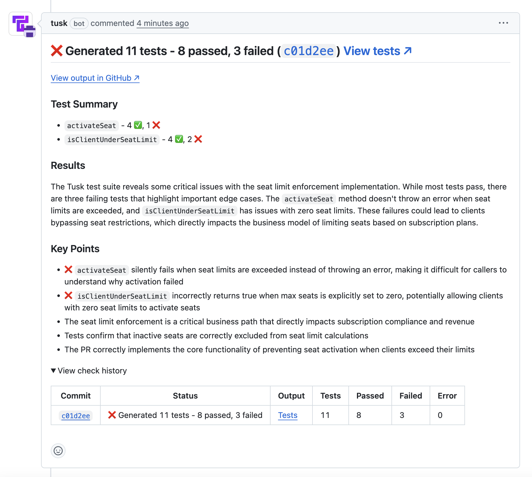 Tusk's PR comment post-check in GitHub in light mode