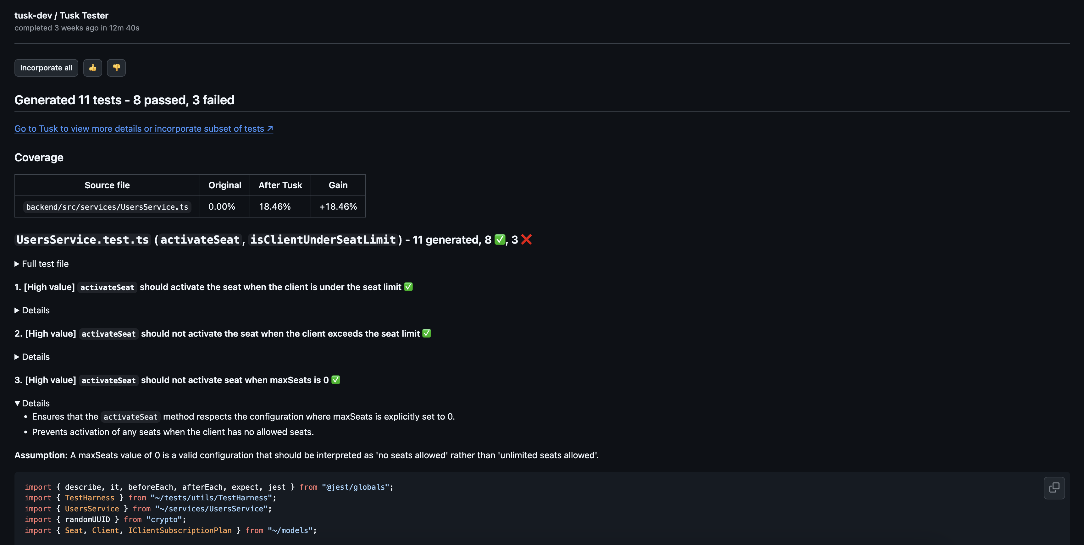 Tusk's automated tests in GitHub in dark mode