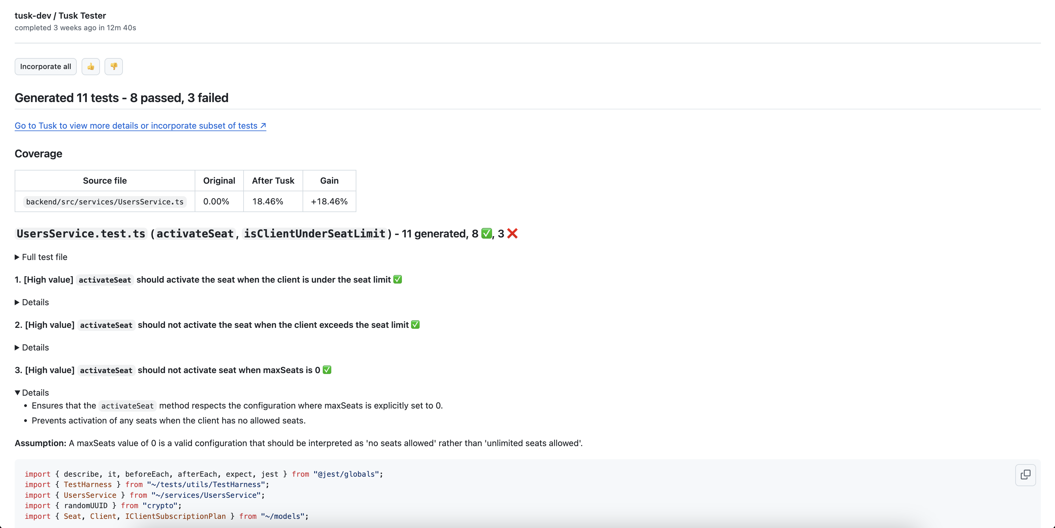 Tusk's automated tests GitHub in light mode