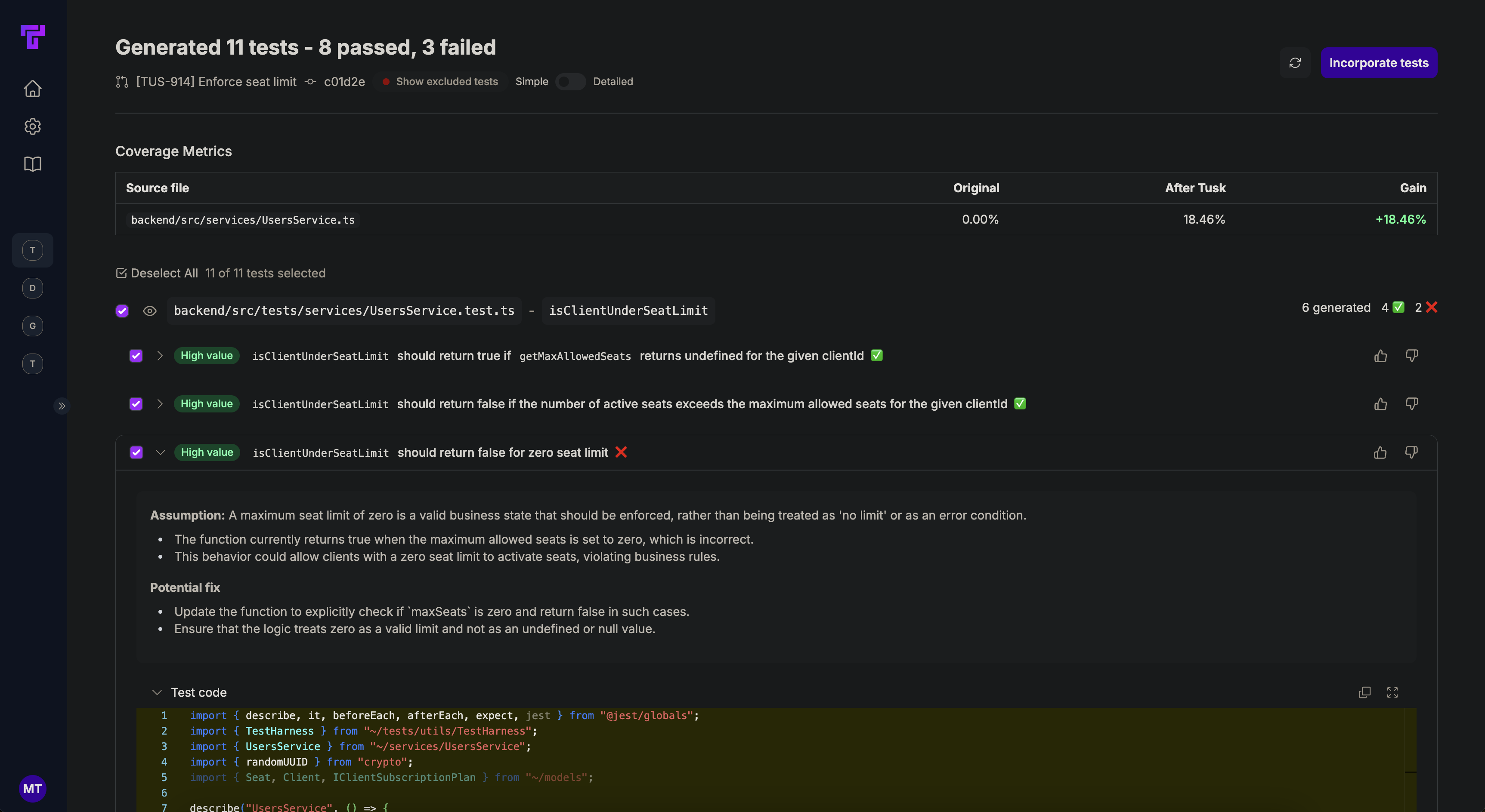 Tusk's automated tests in dark mode