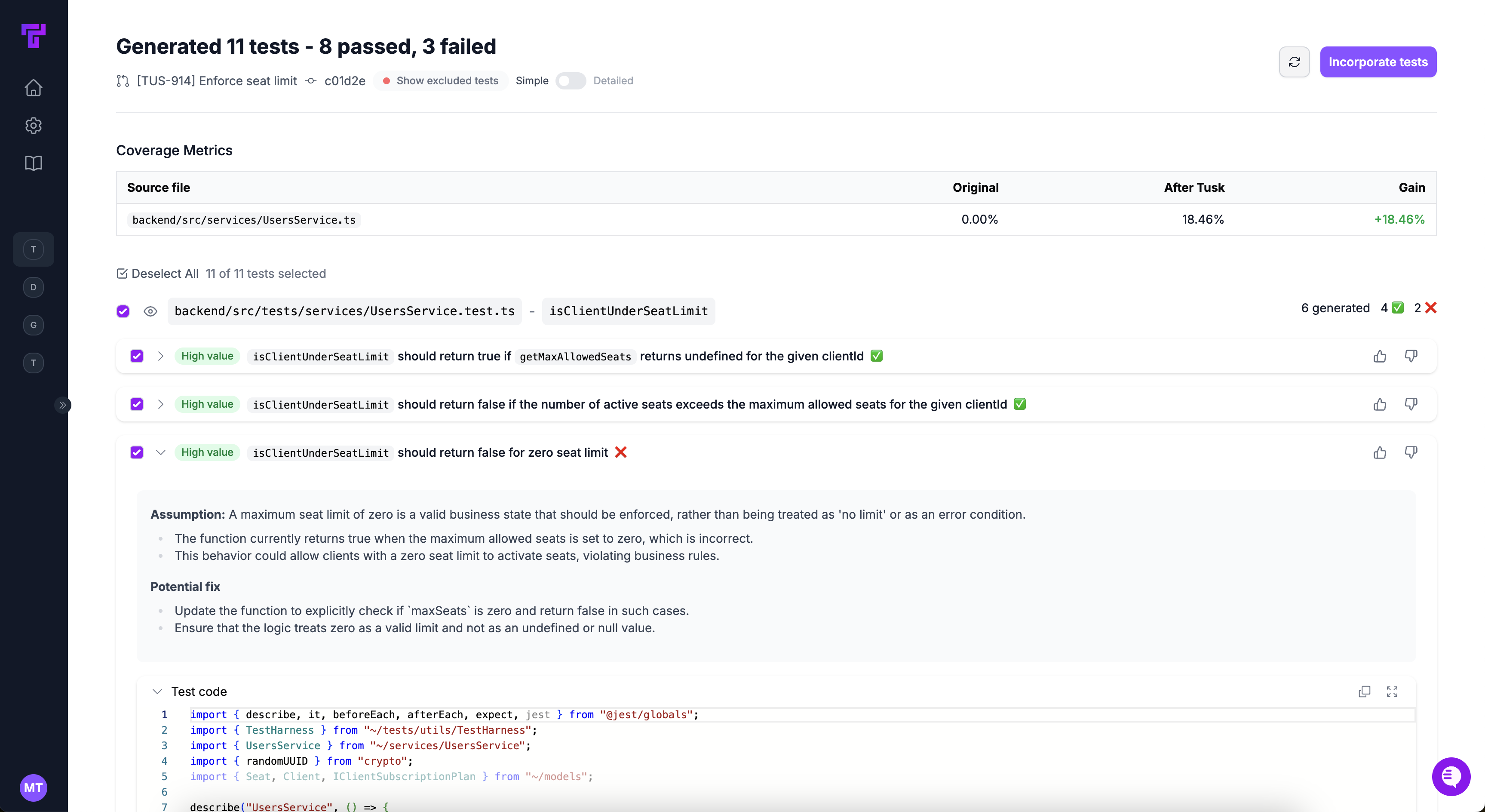 Tusk's automated tests in light mode