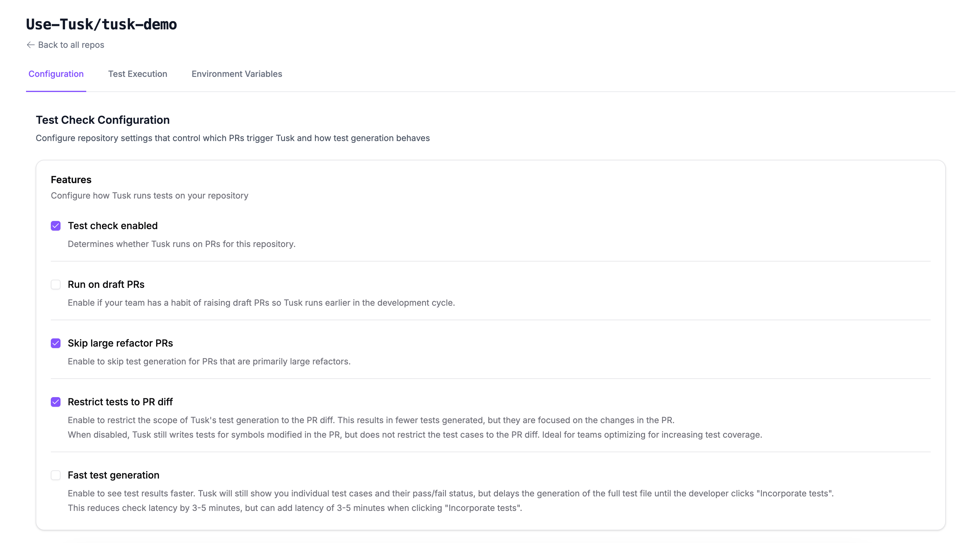 List of features in repo configuration page