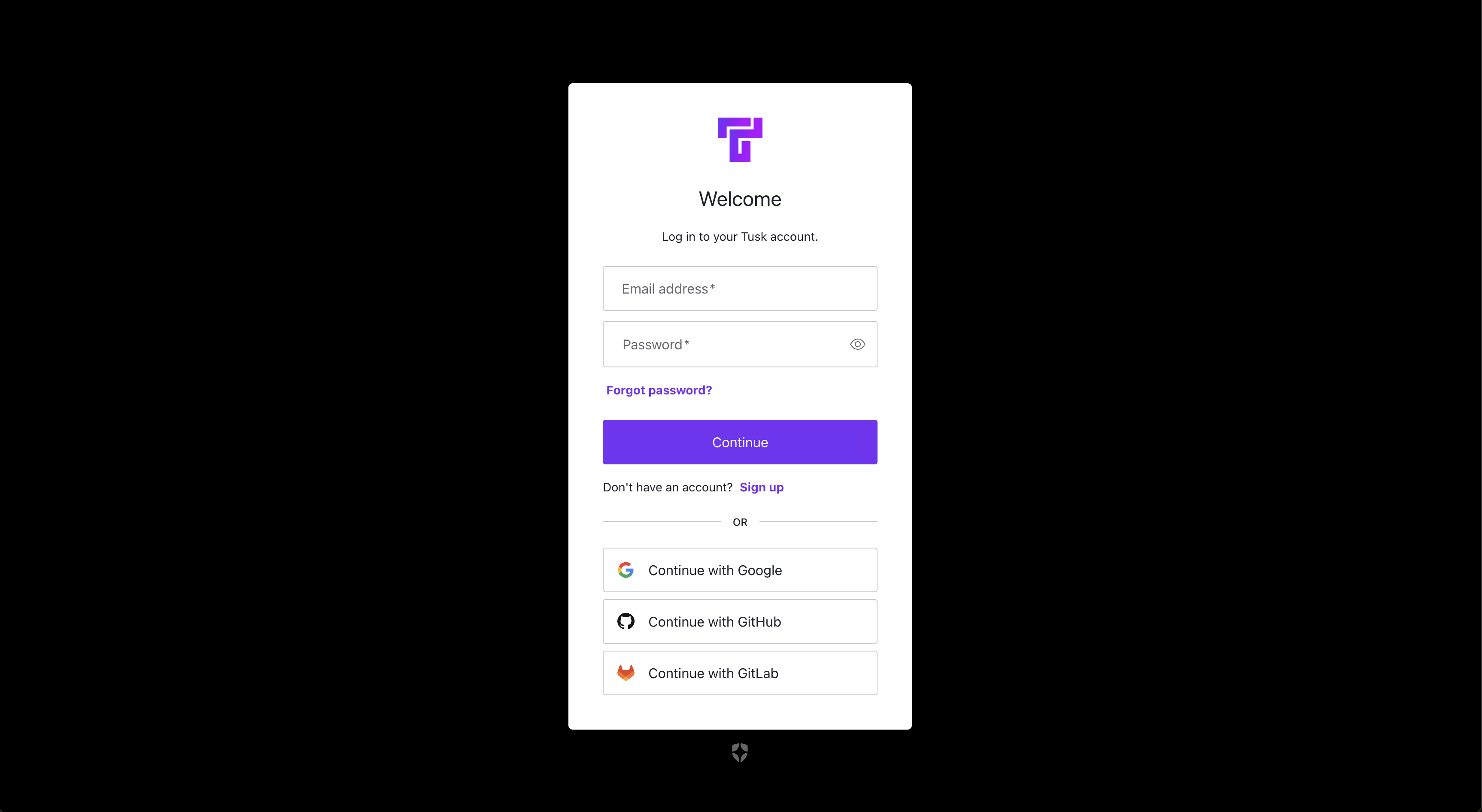 Tusk login page with Google, GitHub, and GitLab auth options
