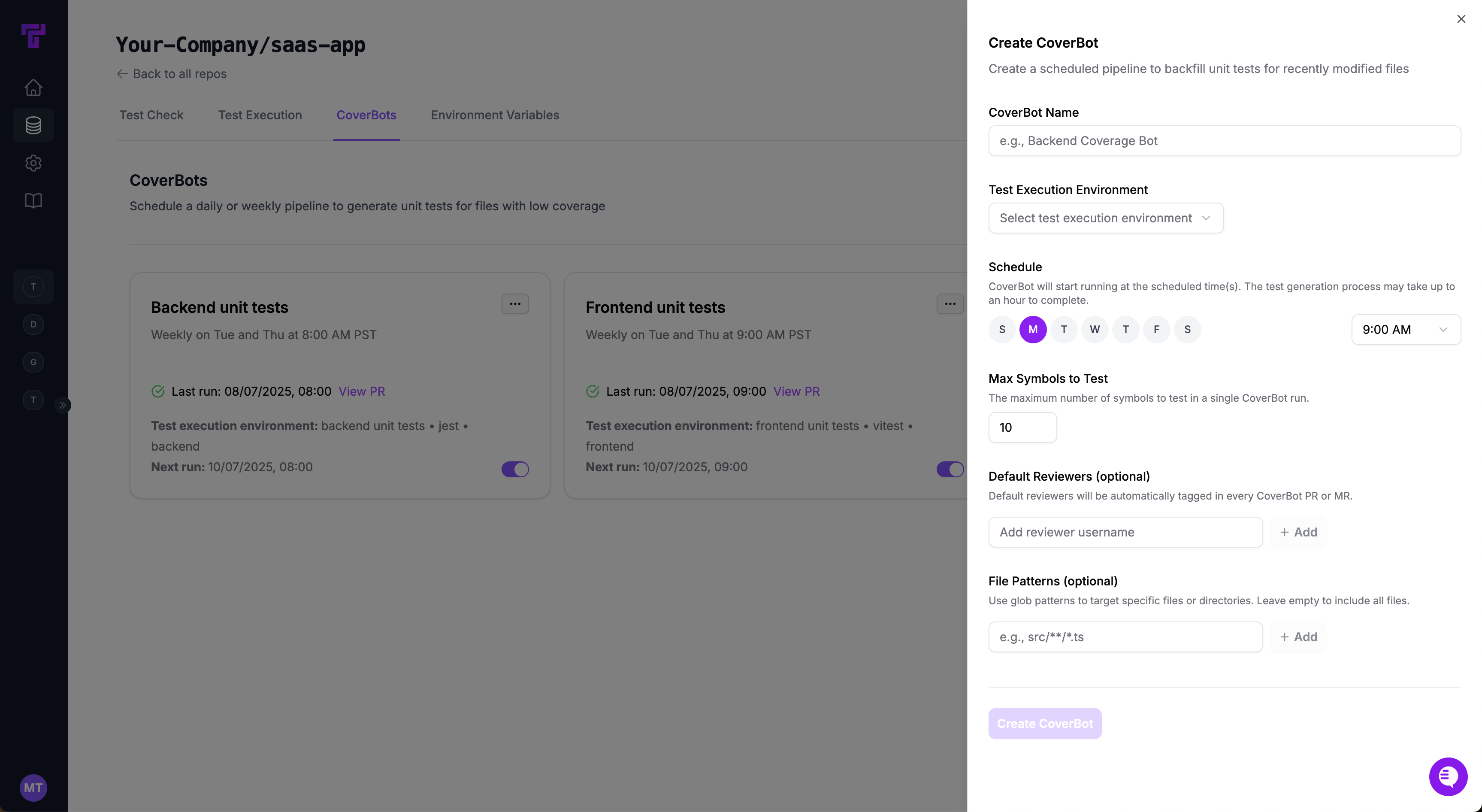 Screenshot of the CoverBot creation side panel