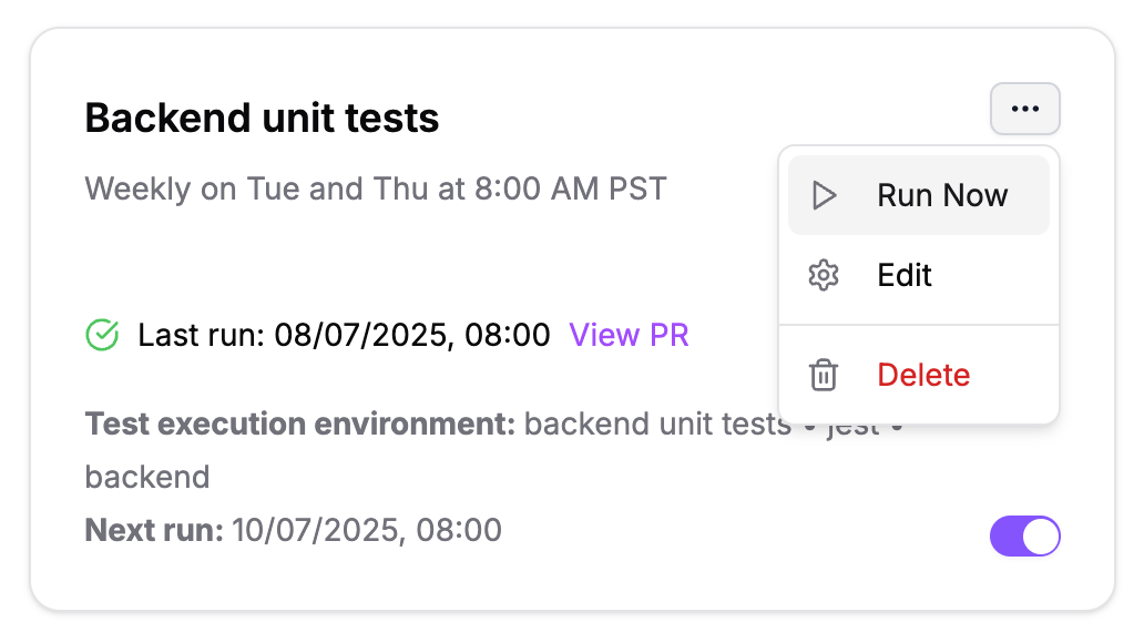 Screenshot of the actions hamburger menu for a CoverBot card