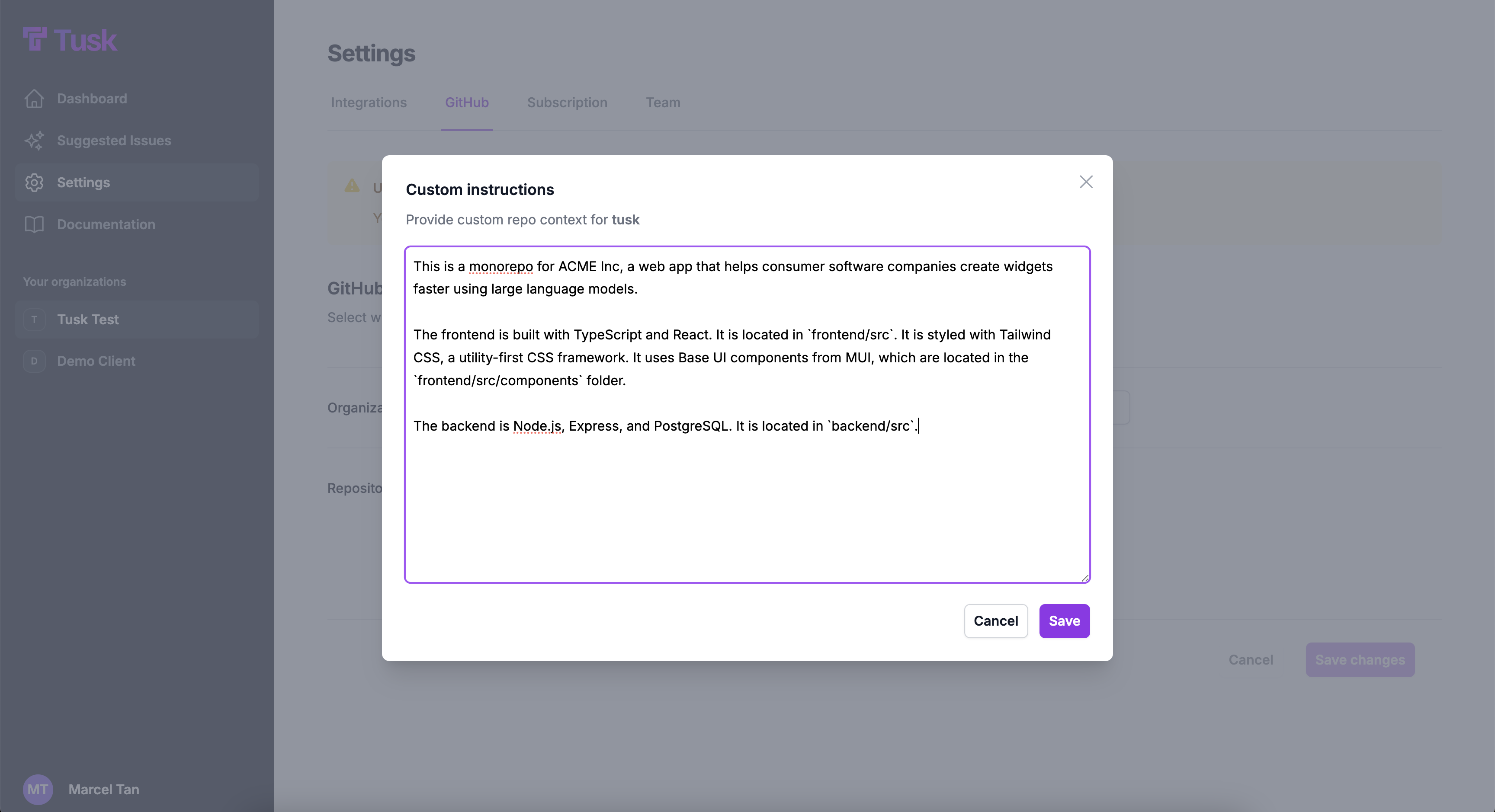 Example custom repo instructions