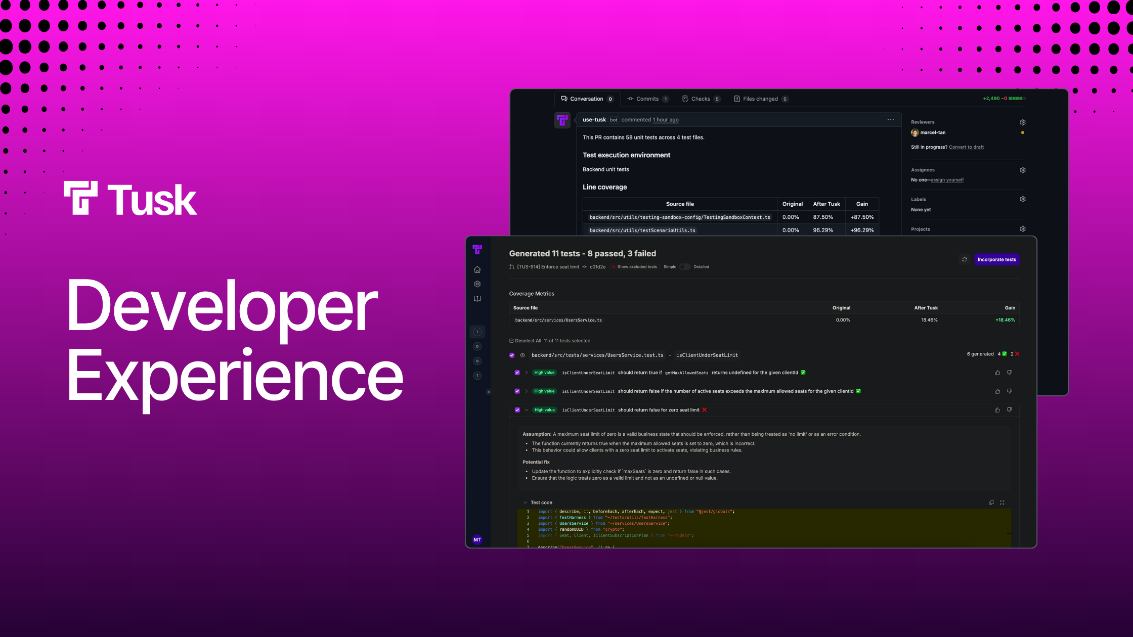 Banner image showing Tusk and GitHub UI with a title that says 'Developer Experience'