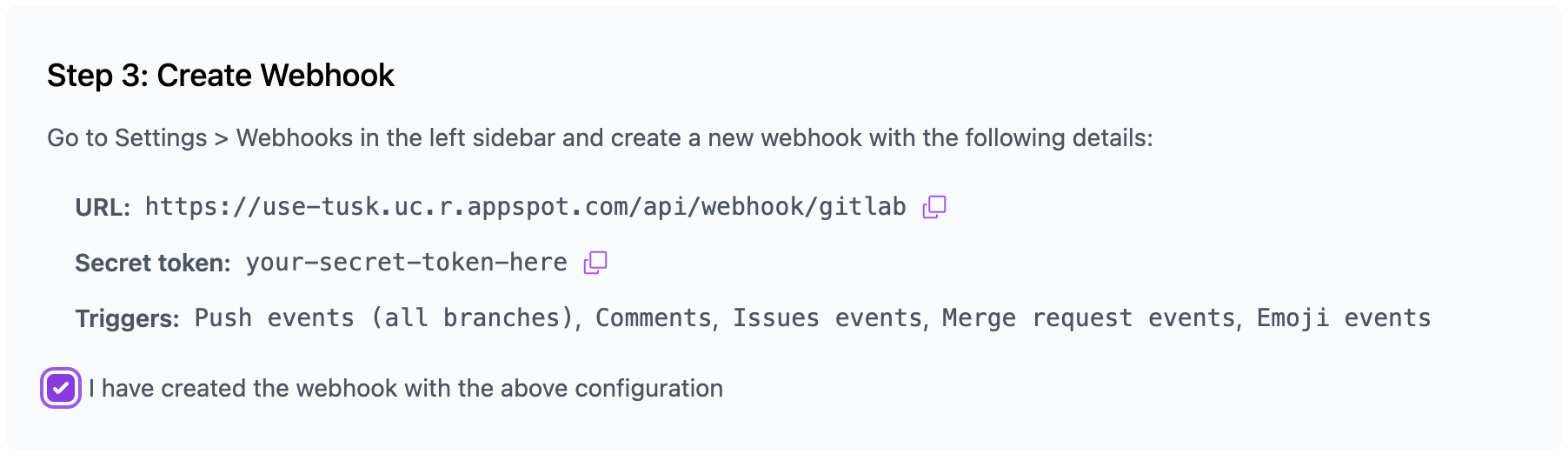 Confirm webhook creation checkbox