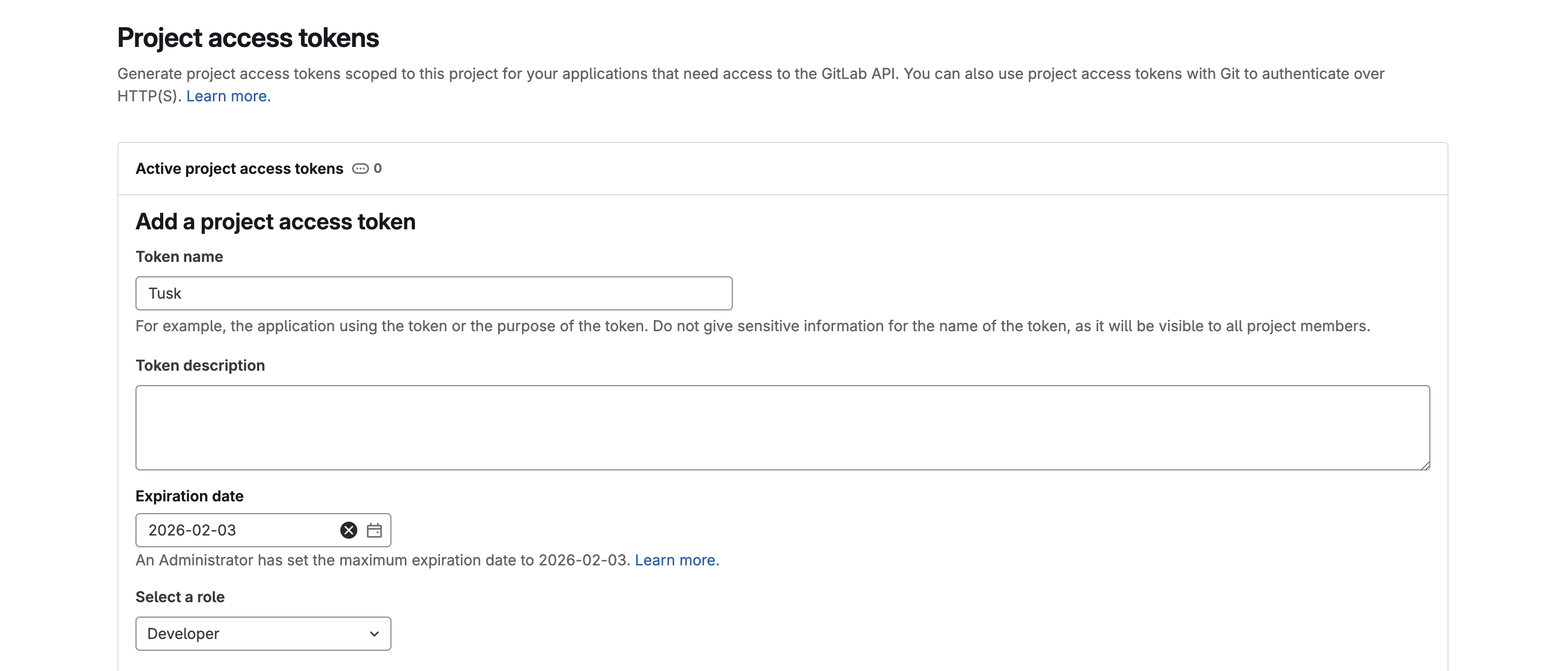 Create access token page