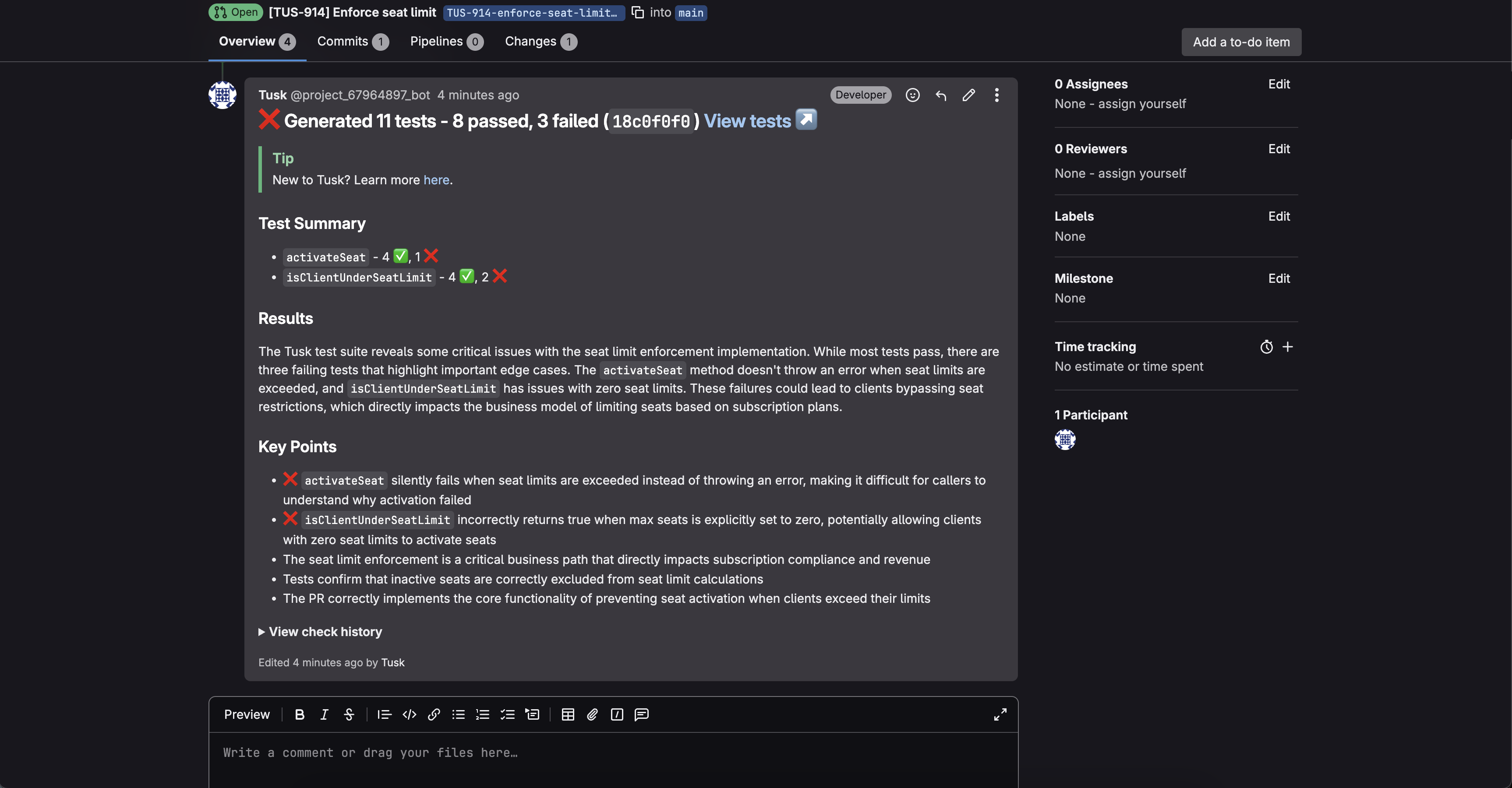 Tusk's MR comment post-check in GitLab in dark mode