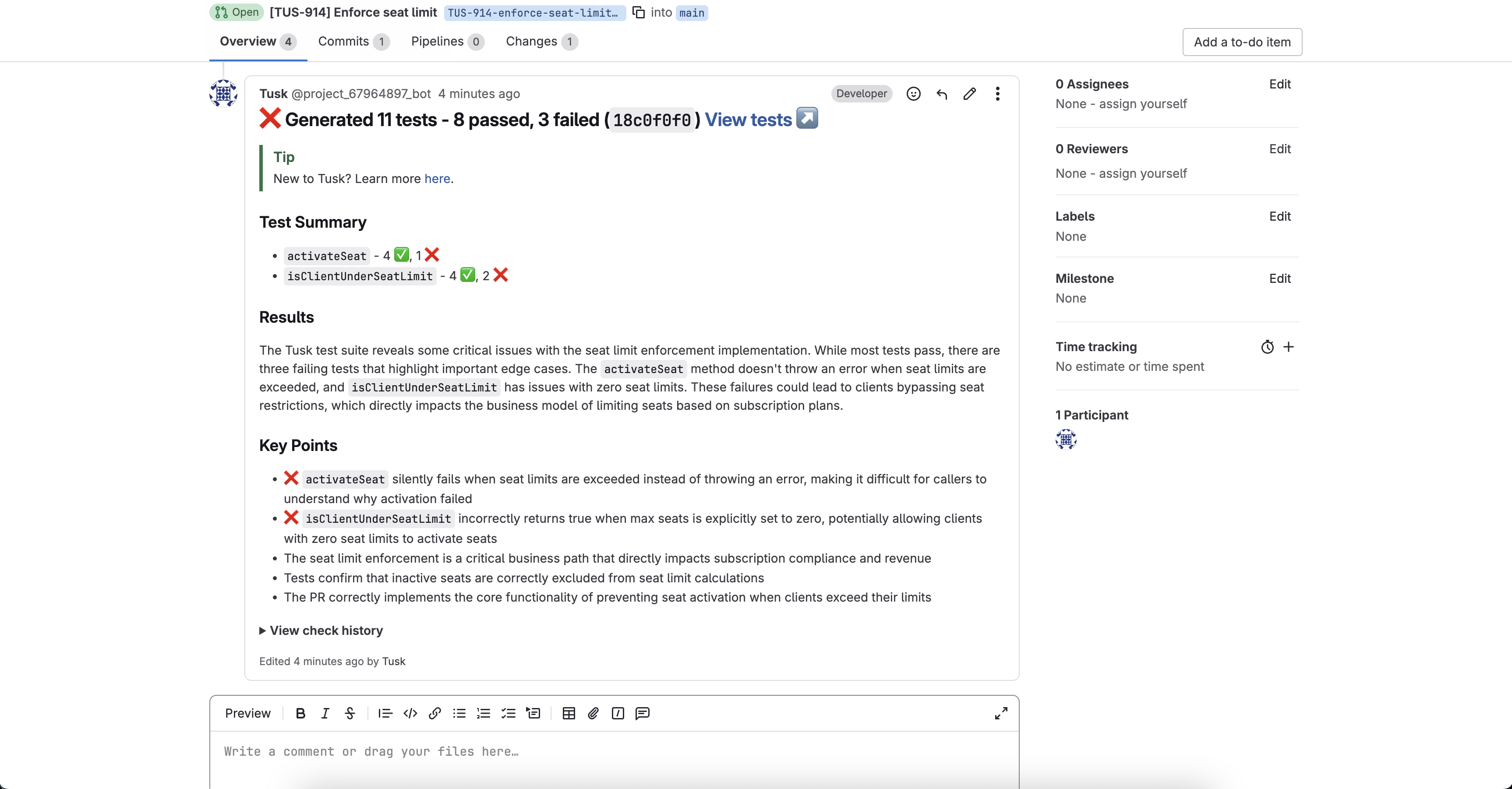 Tusk's MR comment post-check in GitLab in light mode