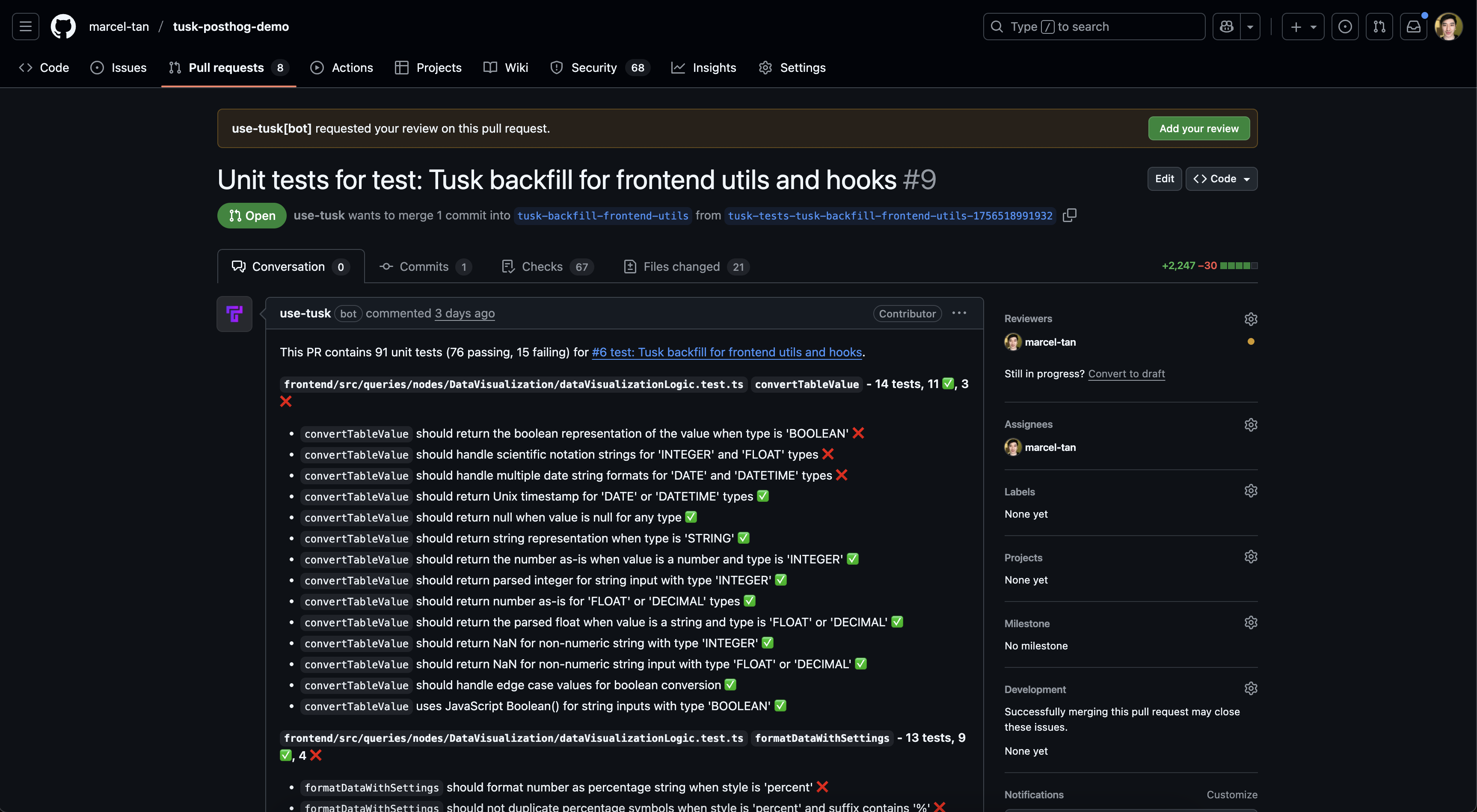 Separate Tusk PR showing the generated unit tests for the original PR