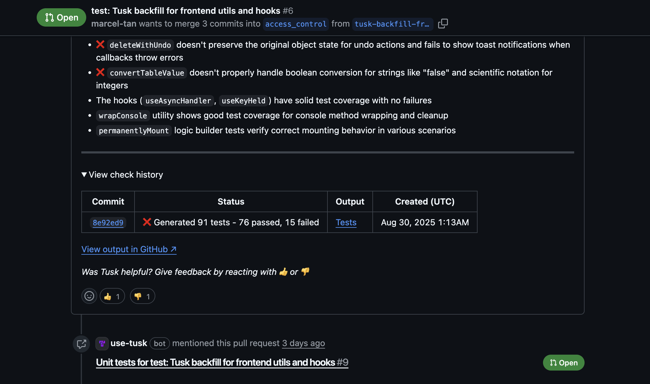 PR activity for newly created Tusk PR based off of the original PR's branch