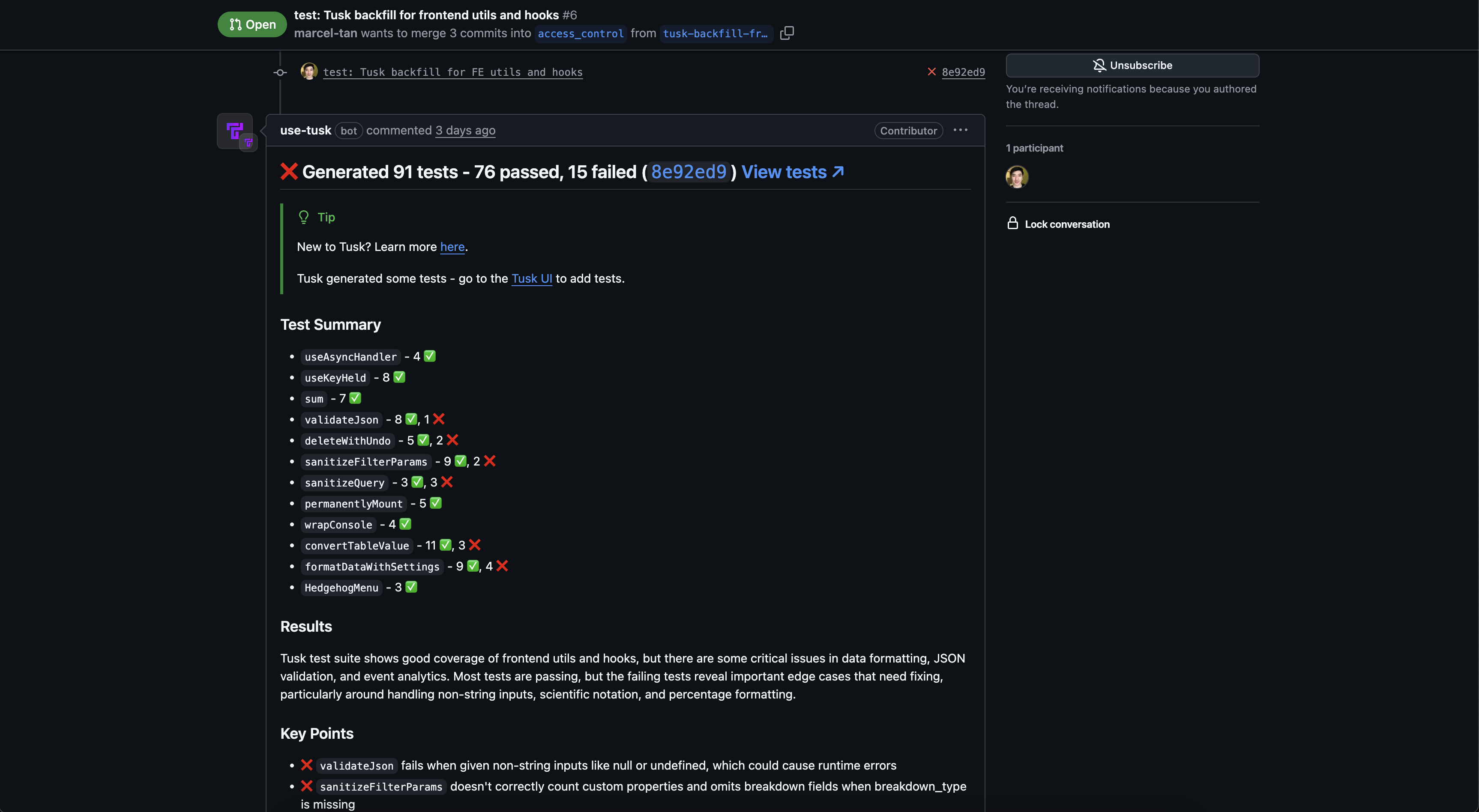 PR comment for newly created Tusk PR on original PR