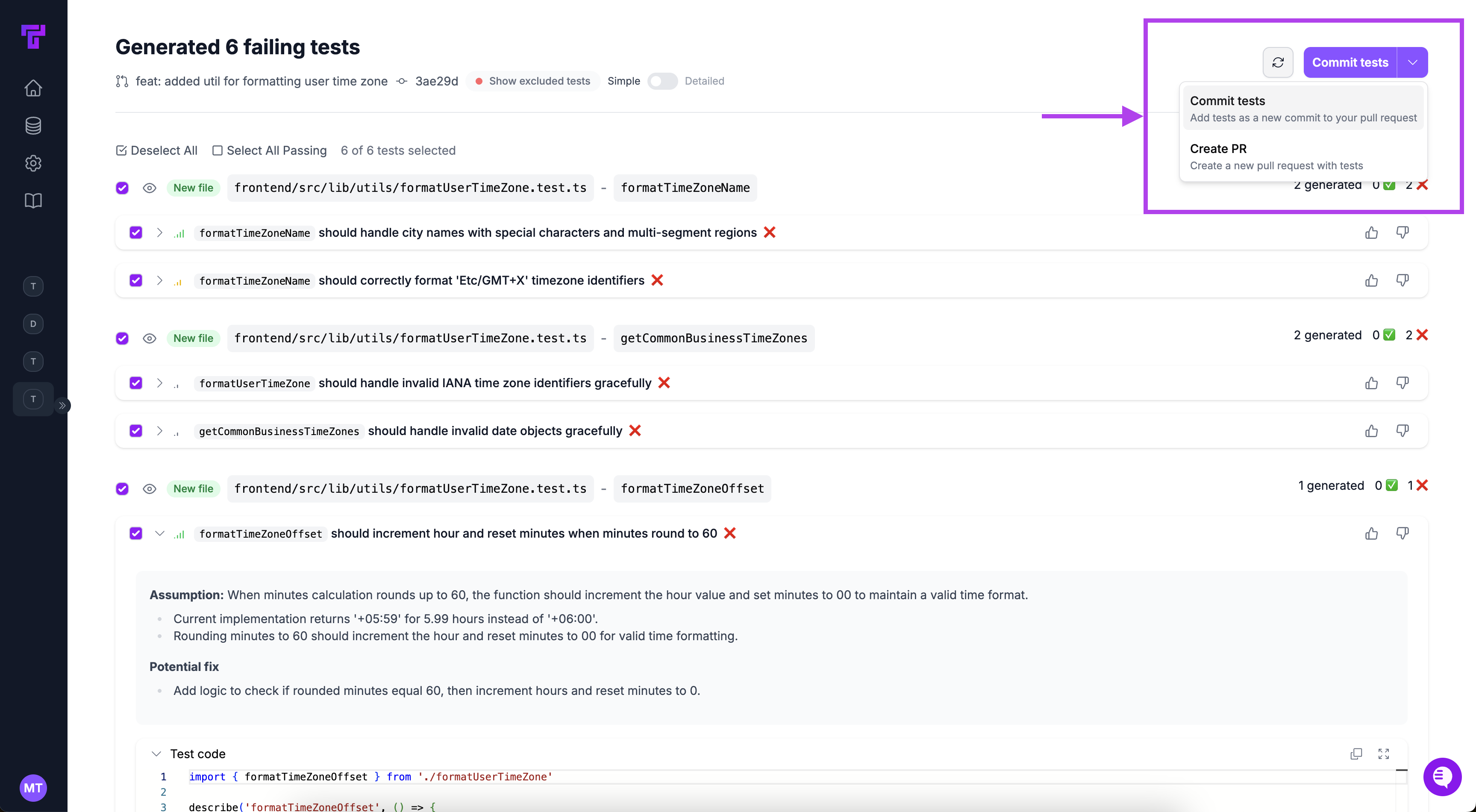 Failing test scenario output in Tusk web app