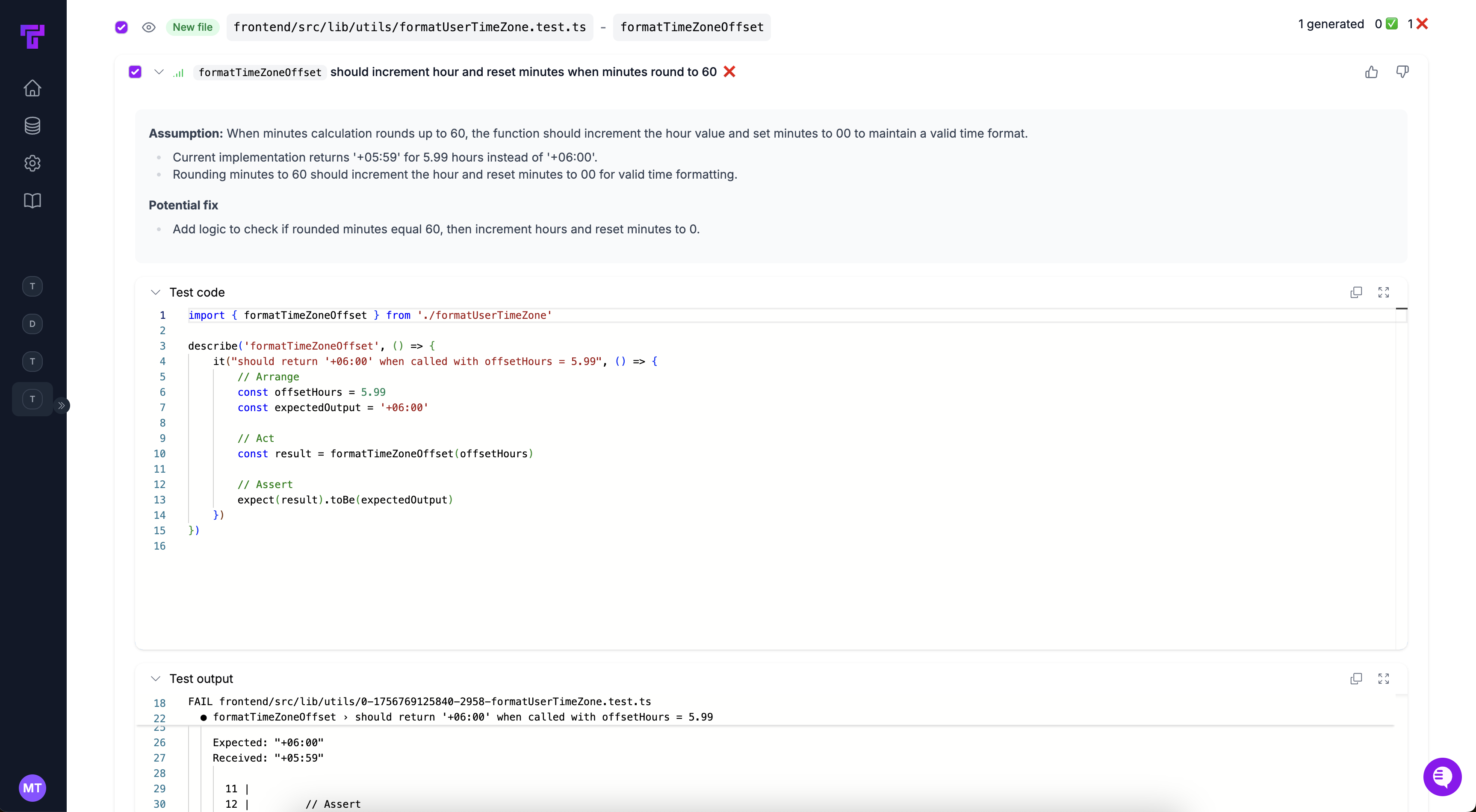 Failing test scenario output in Tusk web app
