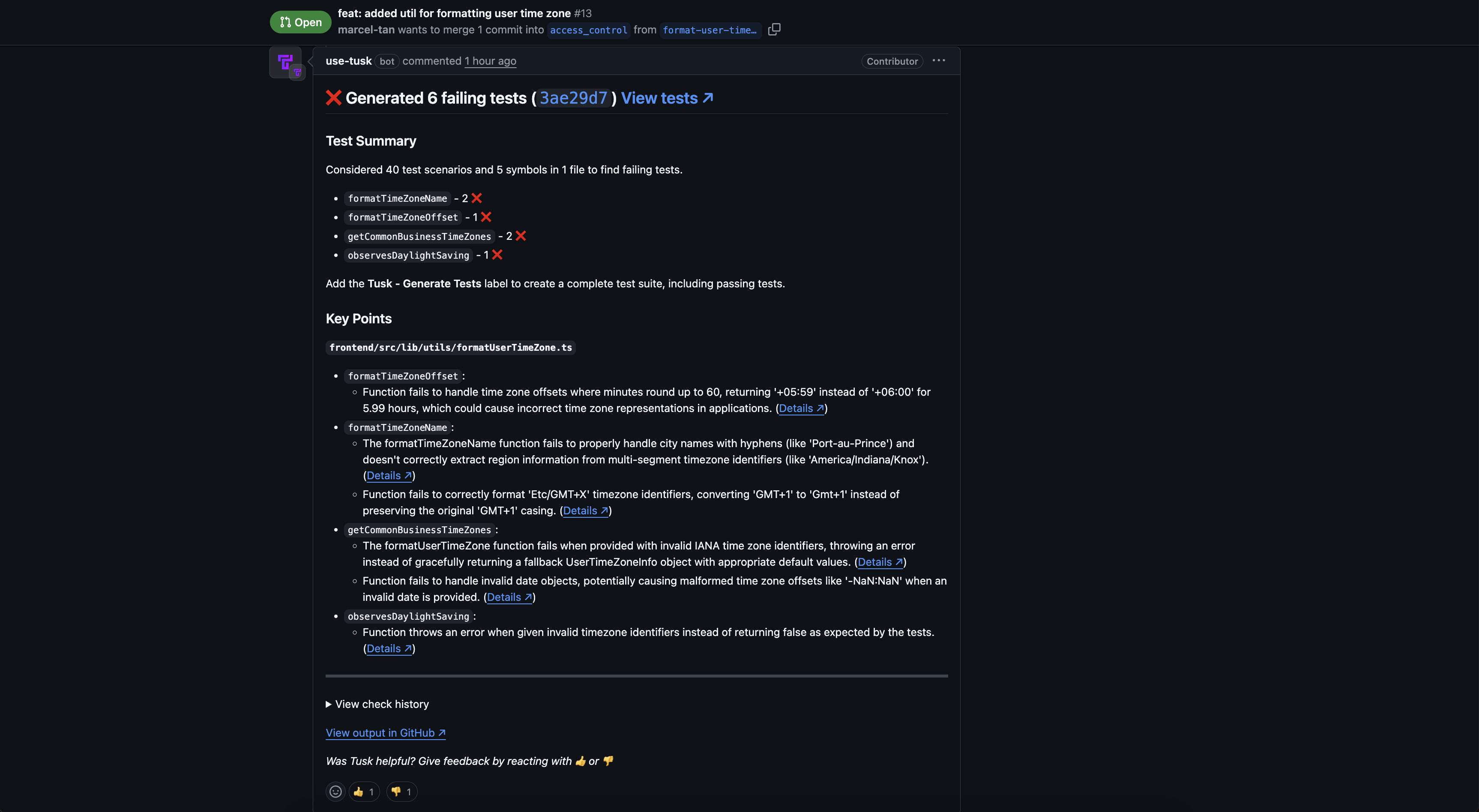 Example Tusk PR comment on a real world repo