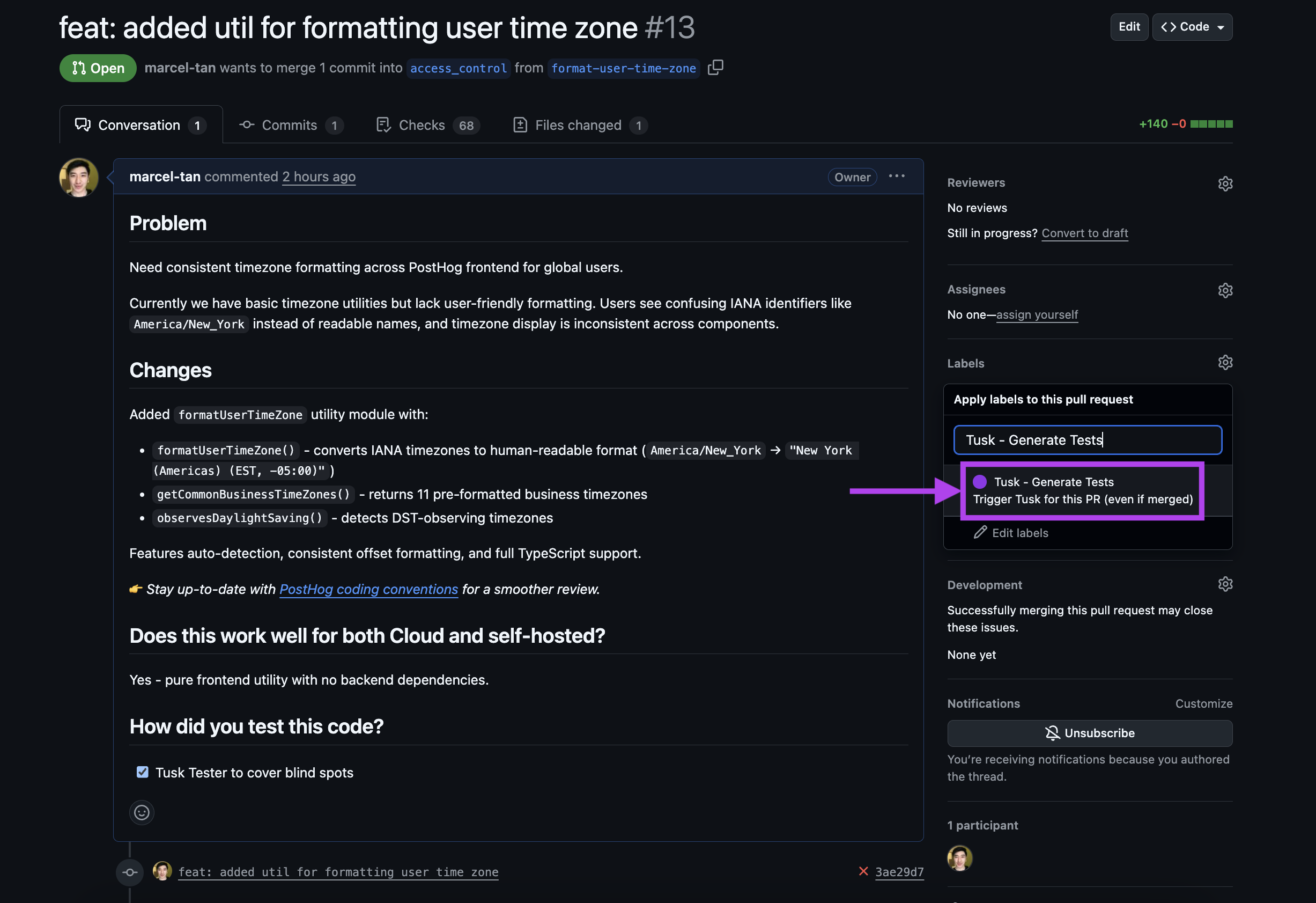 `Tusk - Generate Tests` label in GitHub PR page for manually triggering test generation