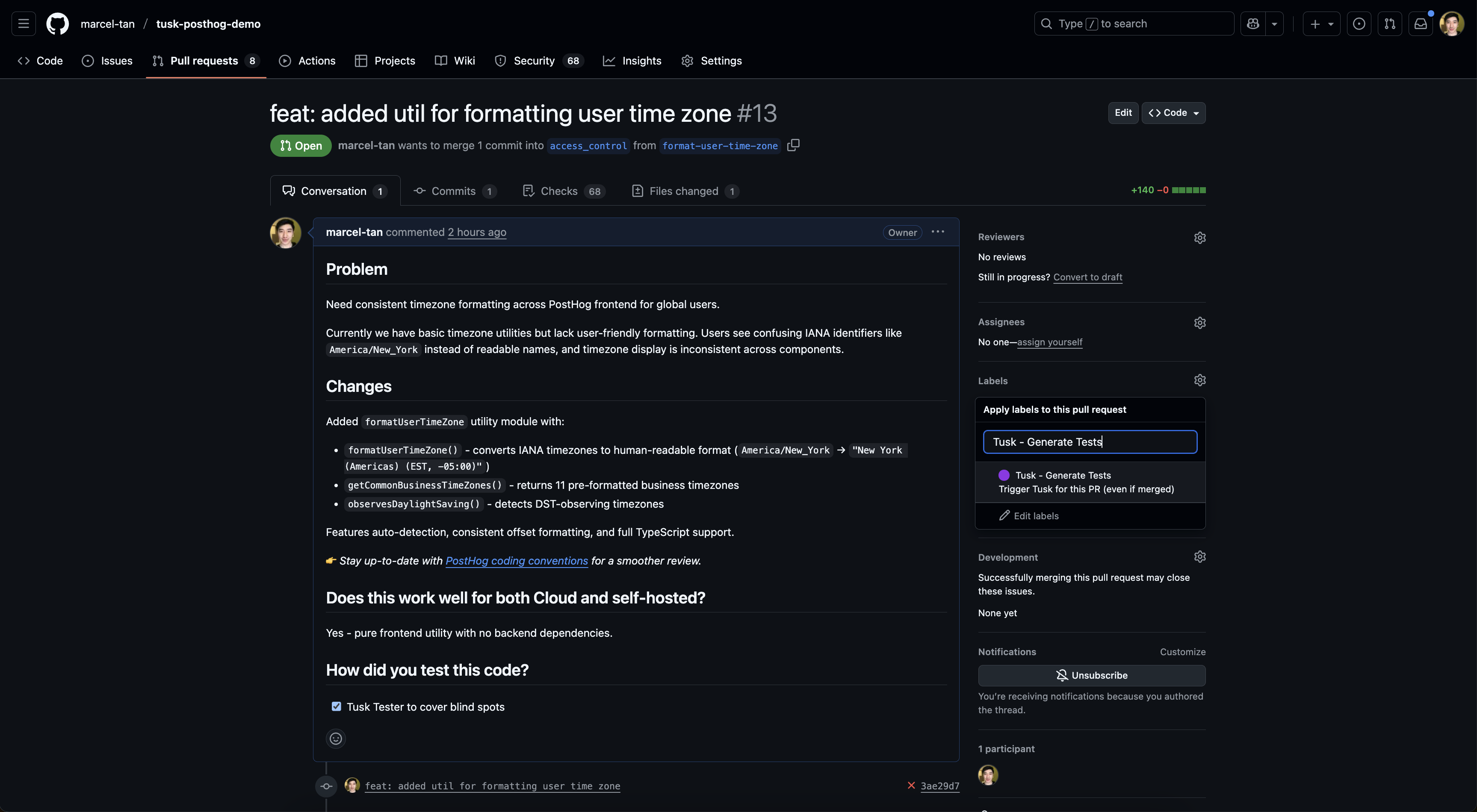 Example Tusk PR on a real world repo