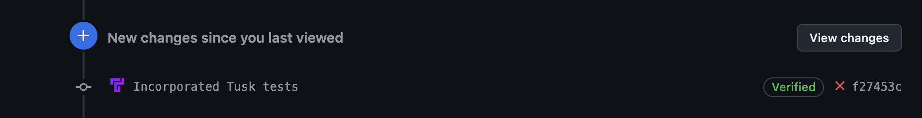 Screenshot of Tusk's new commit with tests in GitHub