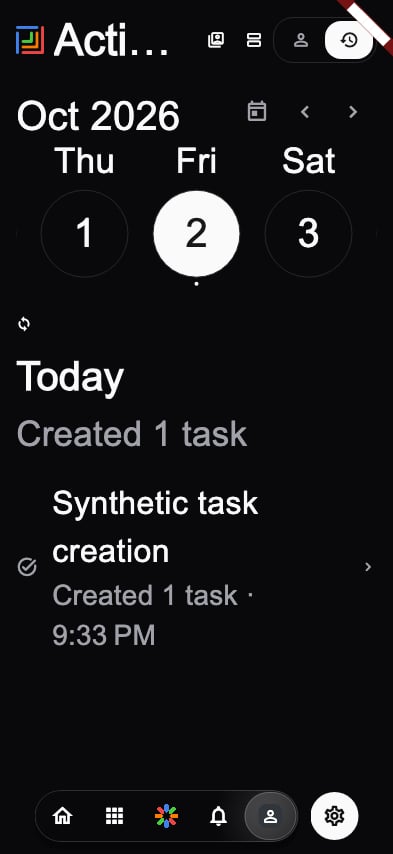 Profile Timeline at double text scale, synthetic Flutter fixture