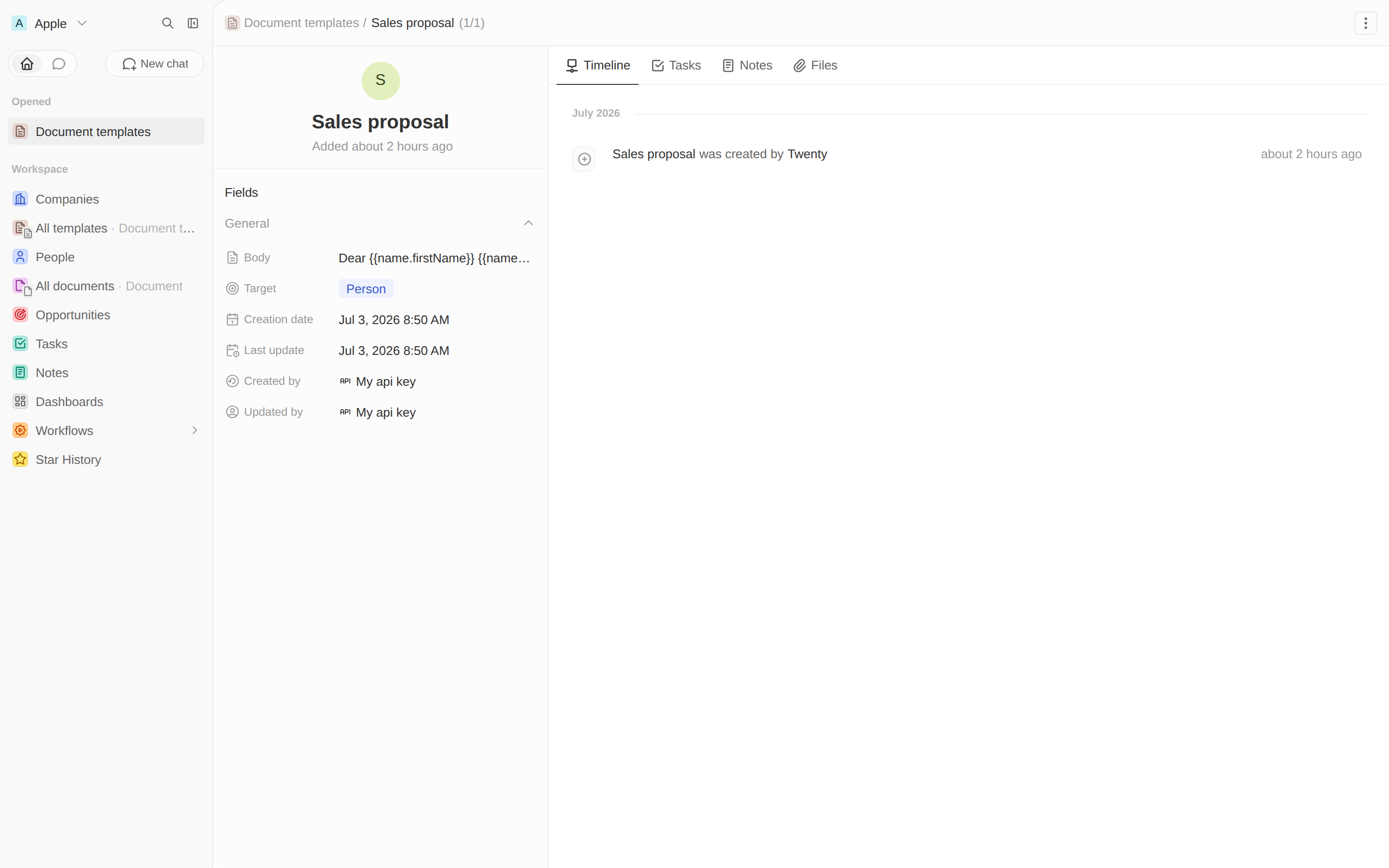 A Sales proposal template record with placeholder body