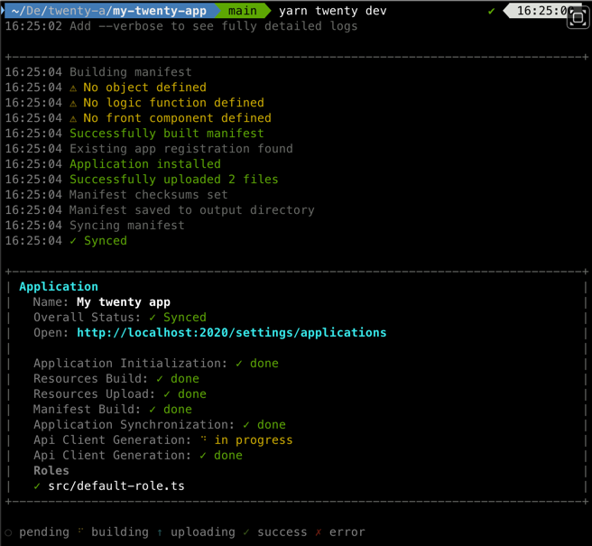 Dev mode terminal output