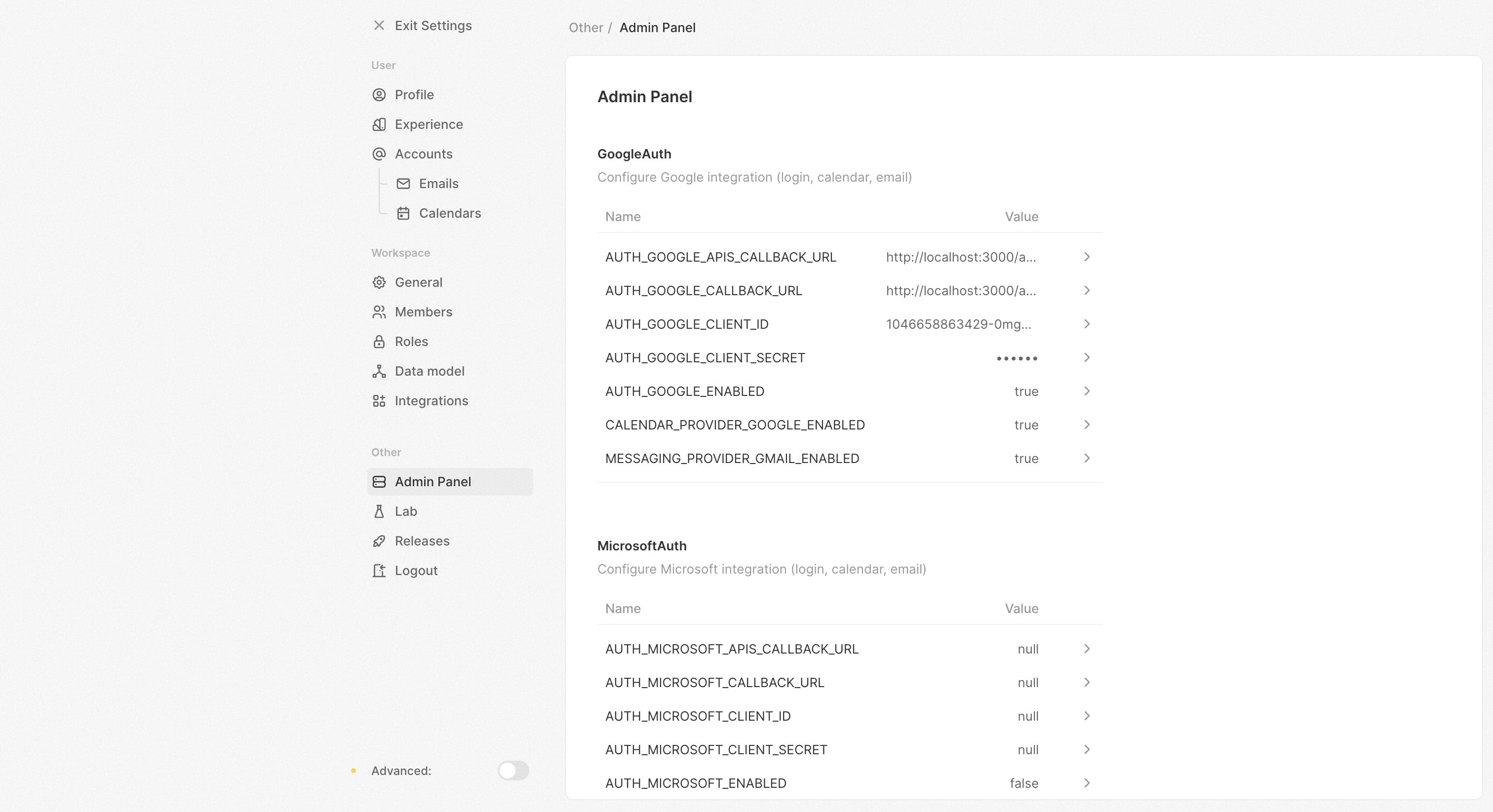 Admin Panel Configuration Variables