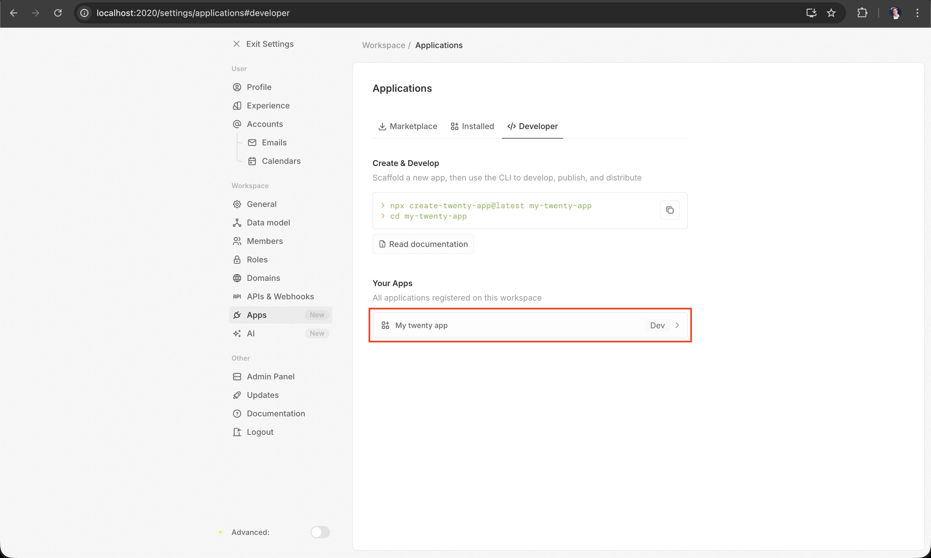 Your Apps list showing My twenty app