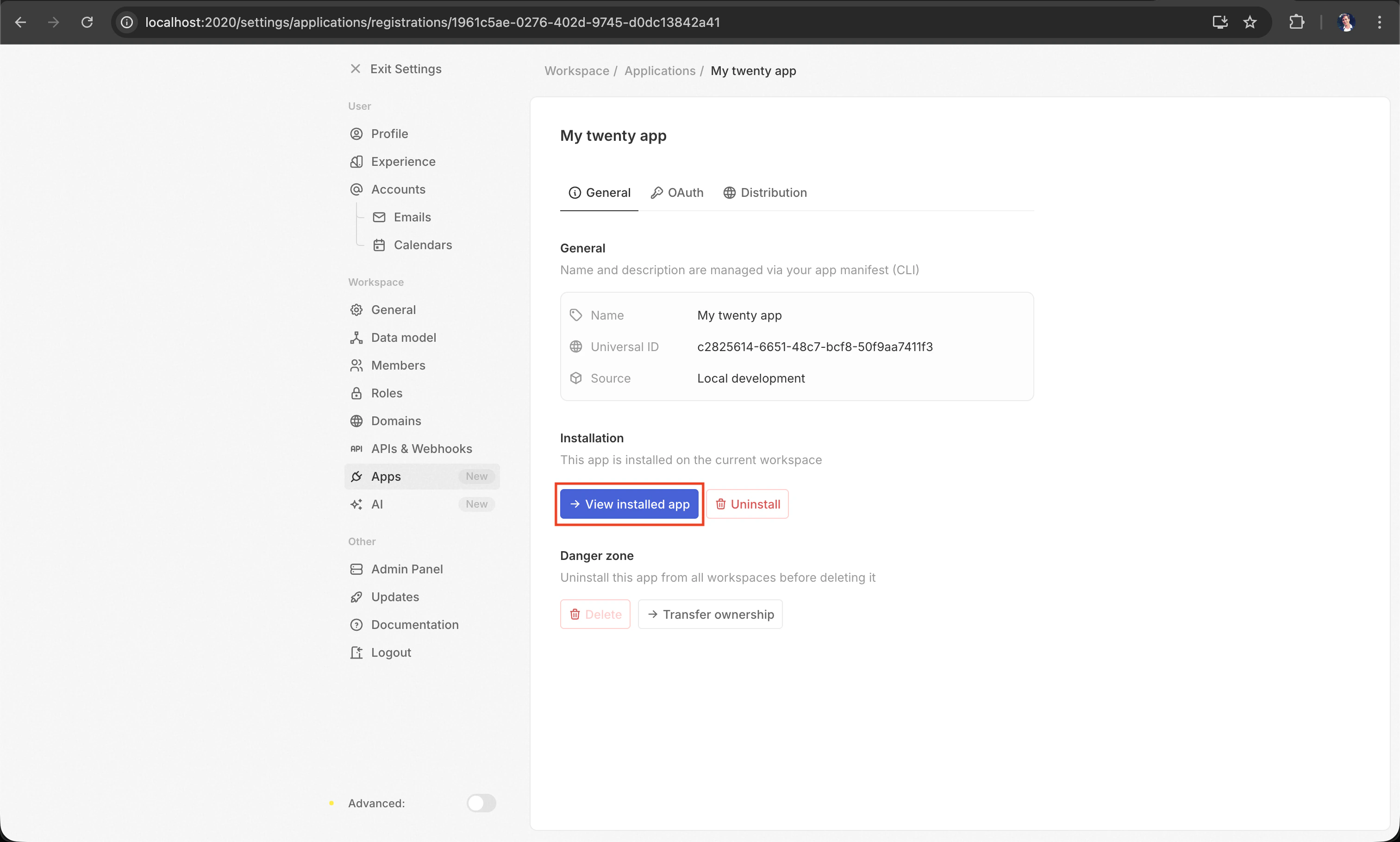 Application registration details