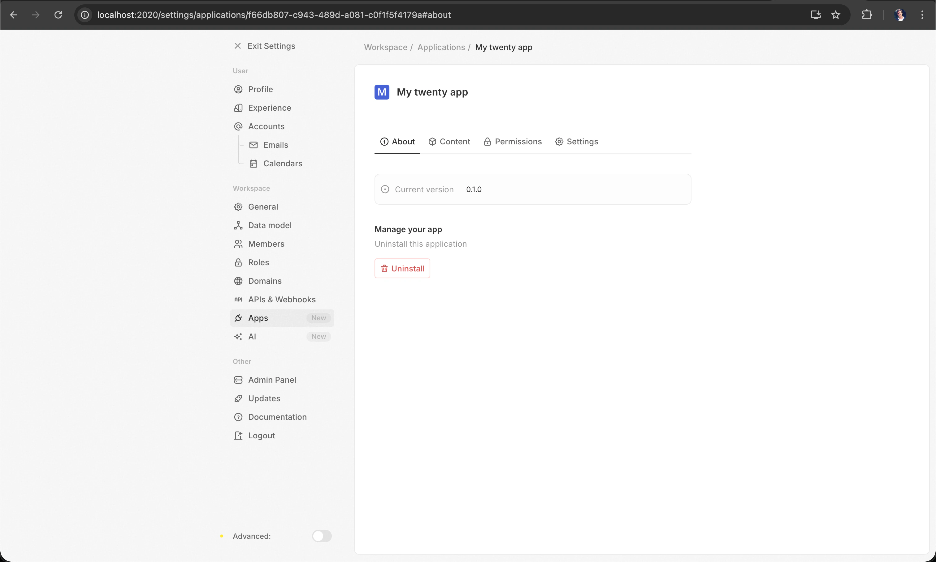 Installed app — About tab