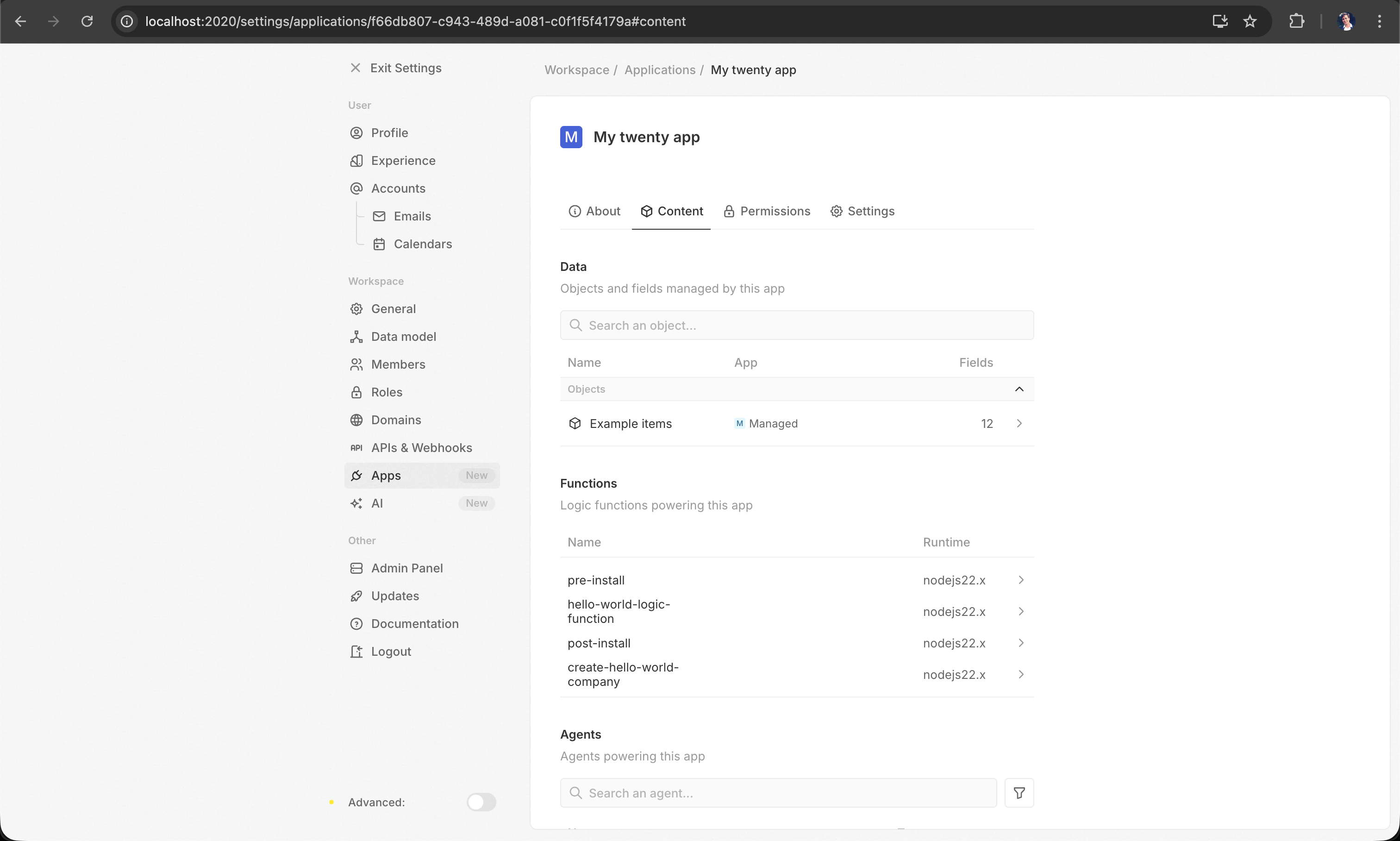 Installed app — Content tab