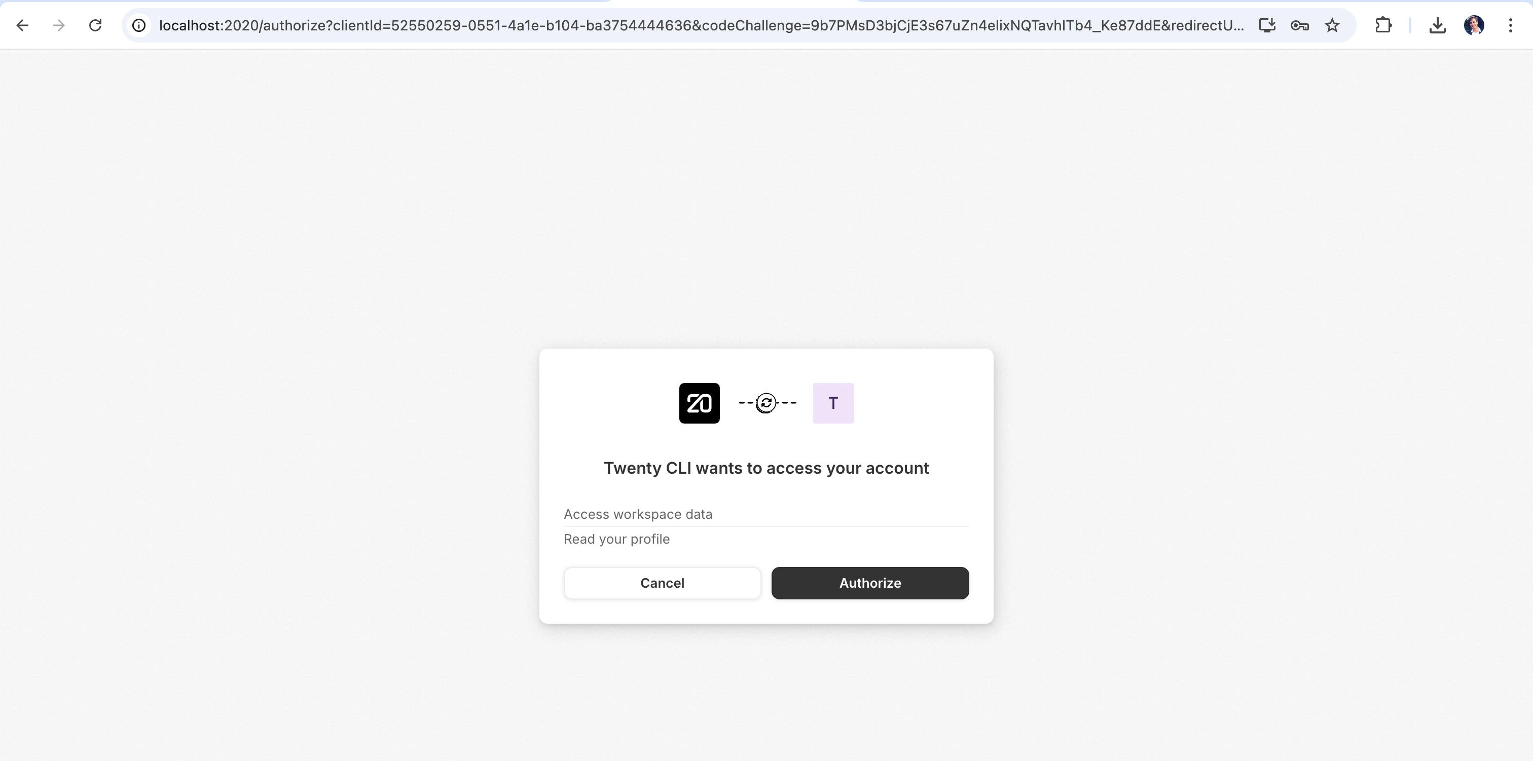 Twenty CLI authorization screen