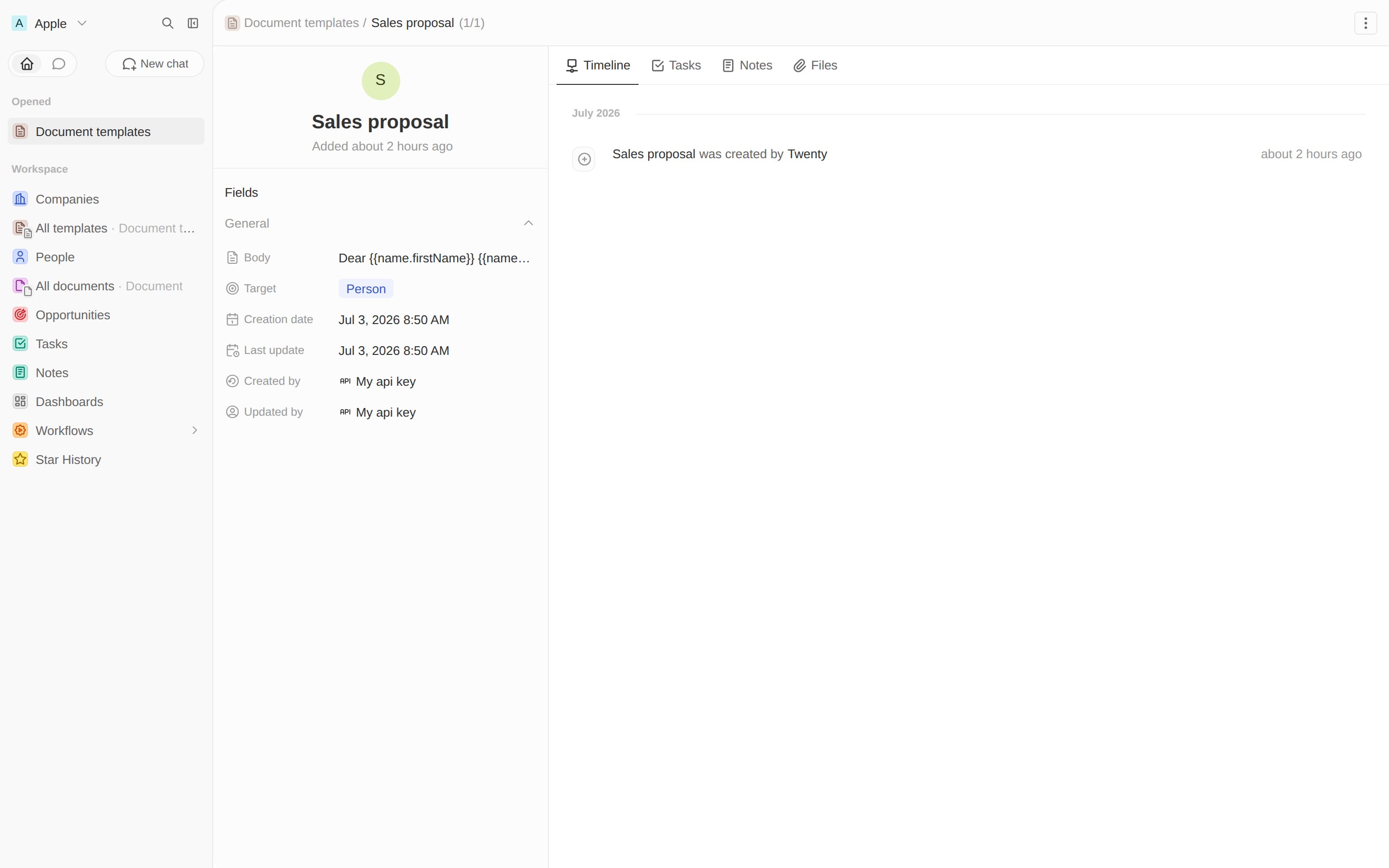 A Sales proposal template record with placeholder body