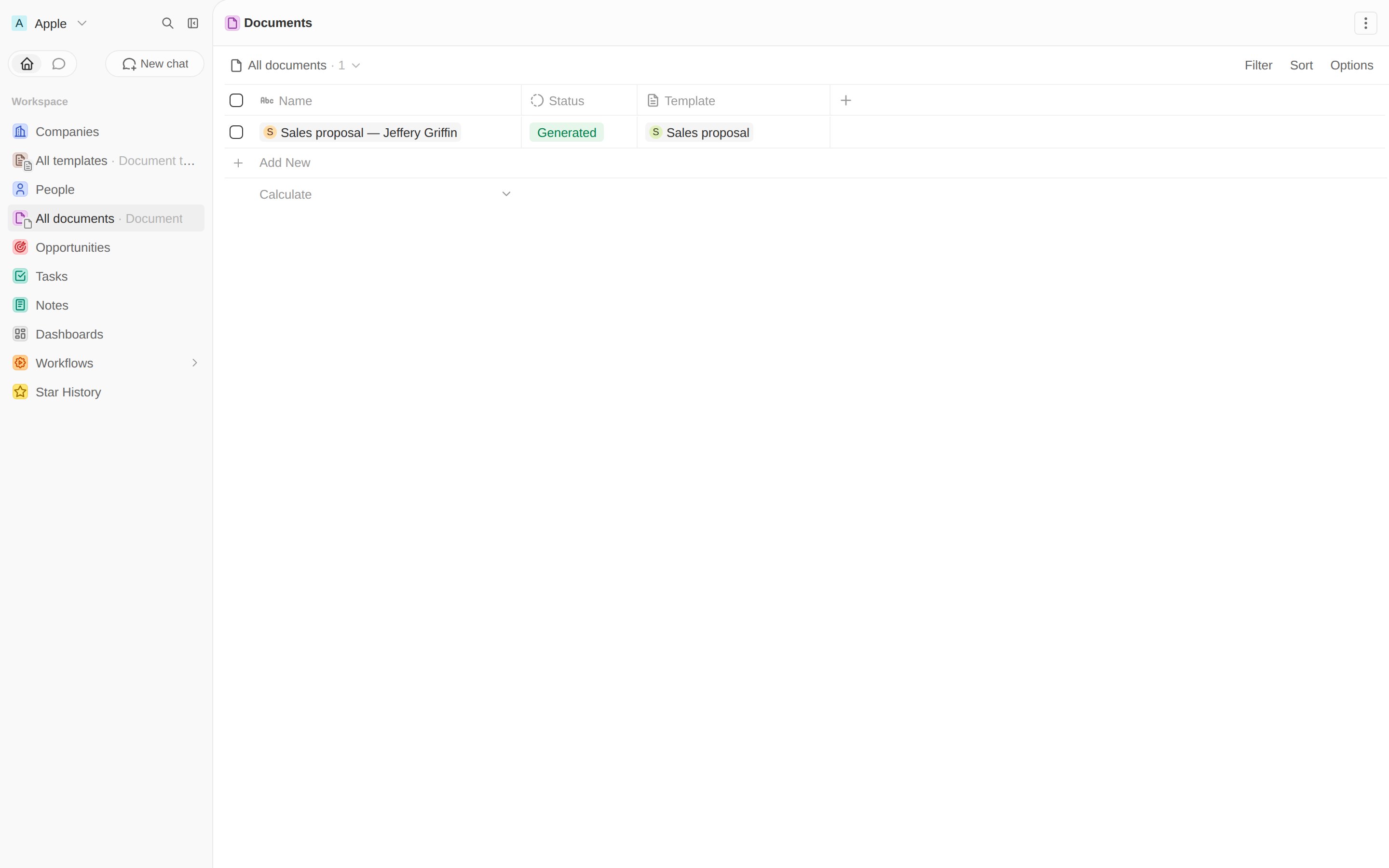 Documents view with a generated document