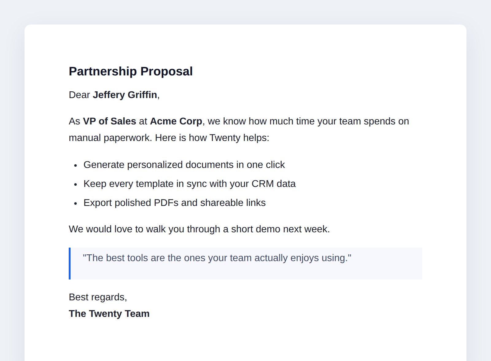A generated Sales proposal document