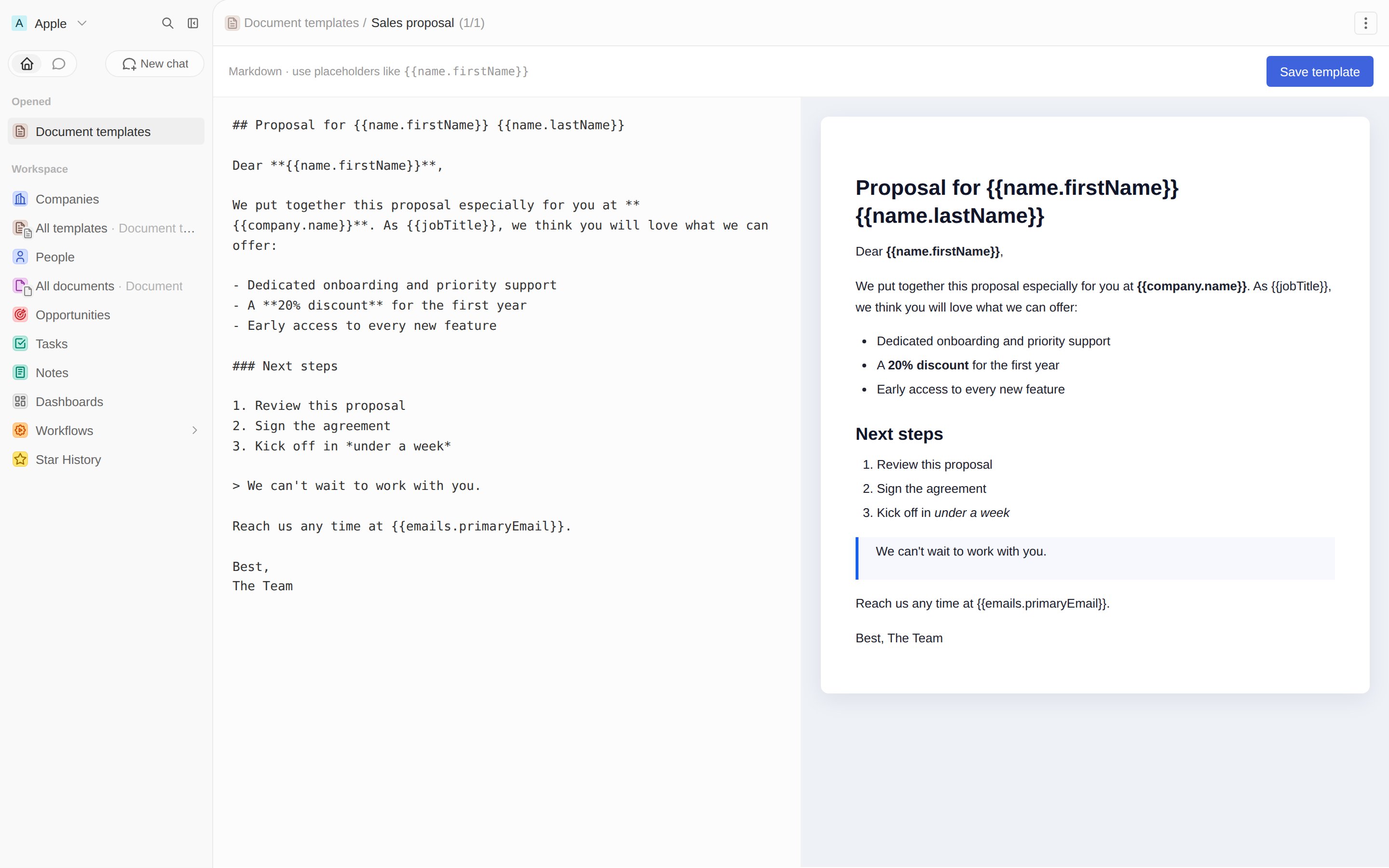Template record with the native rich-text editor tab