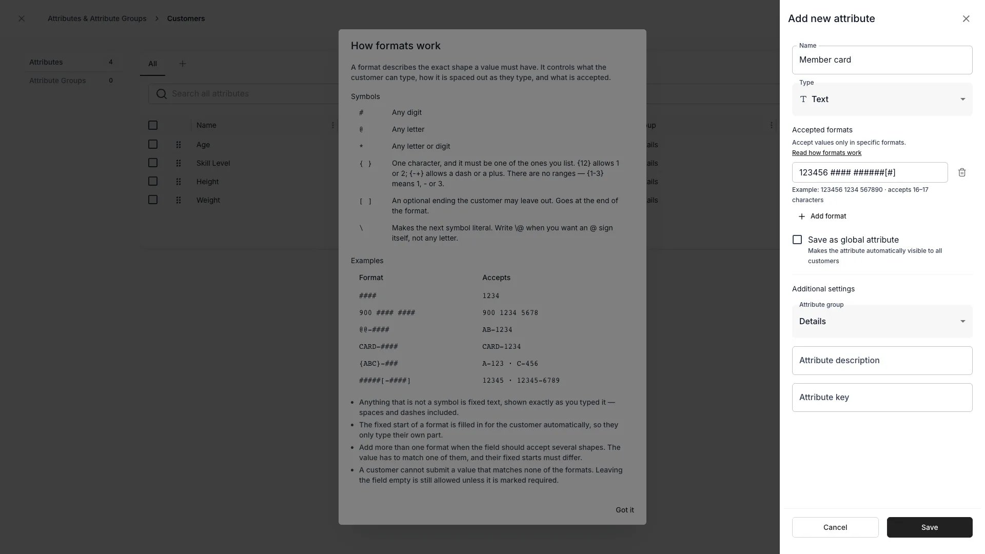 How formats work -ikkuna, jossa luetellaan maskin symbolit ja esimerkit