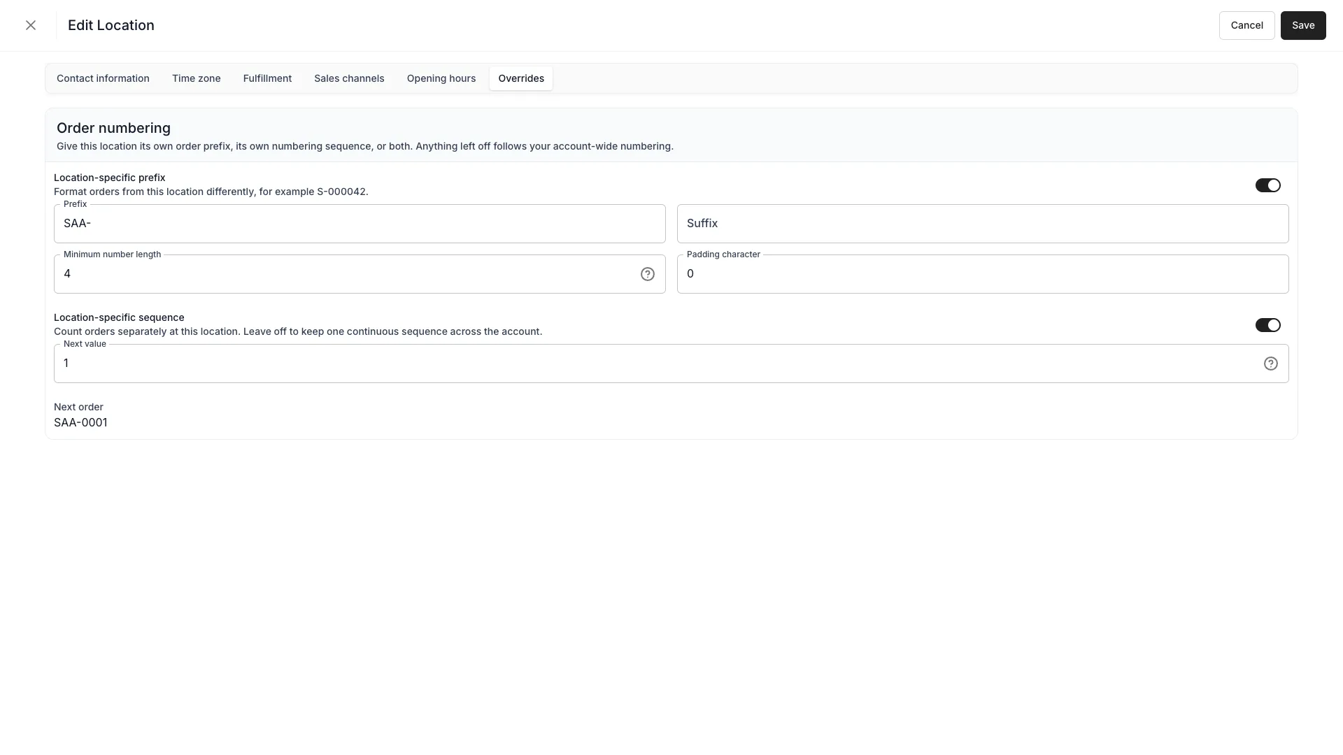 Location order numbering with both the prefix and sequence overrides on, previewing the next order reference