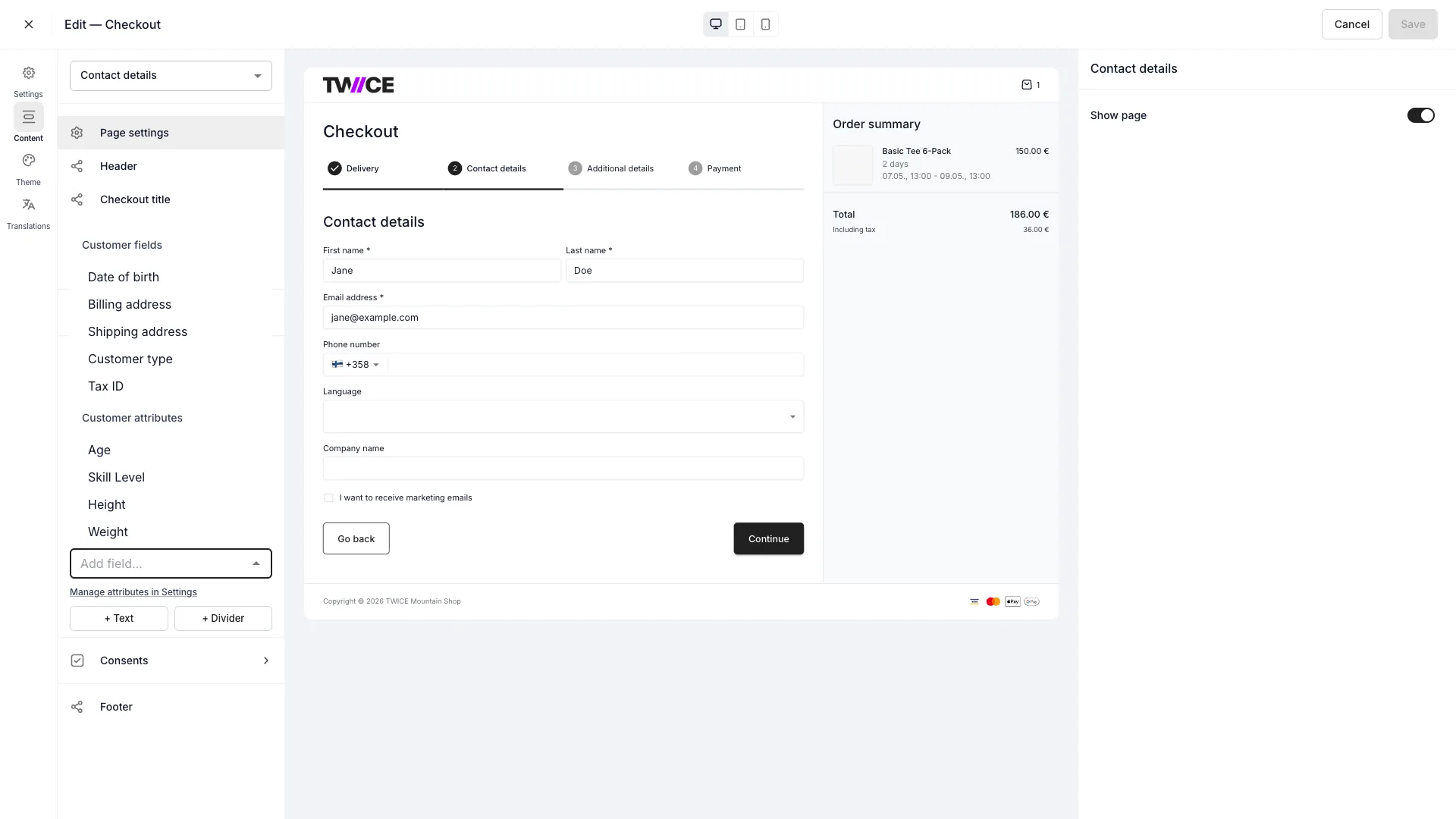 Add field picker in the checkout editor showing the Customer fields group