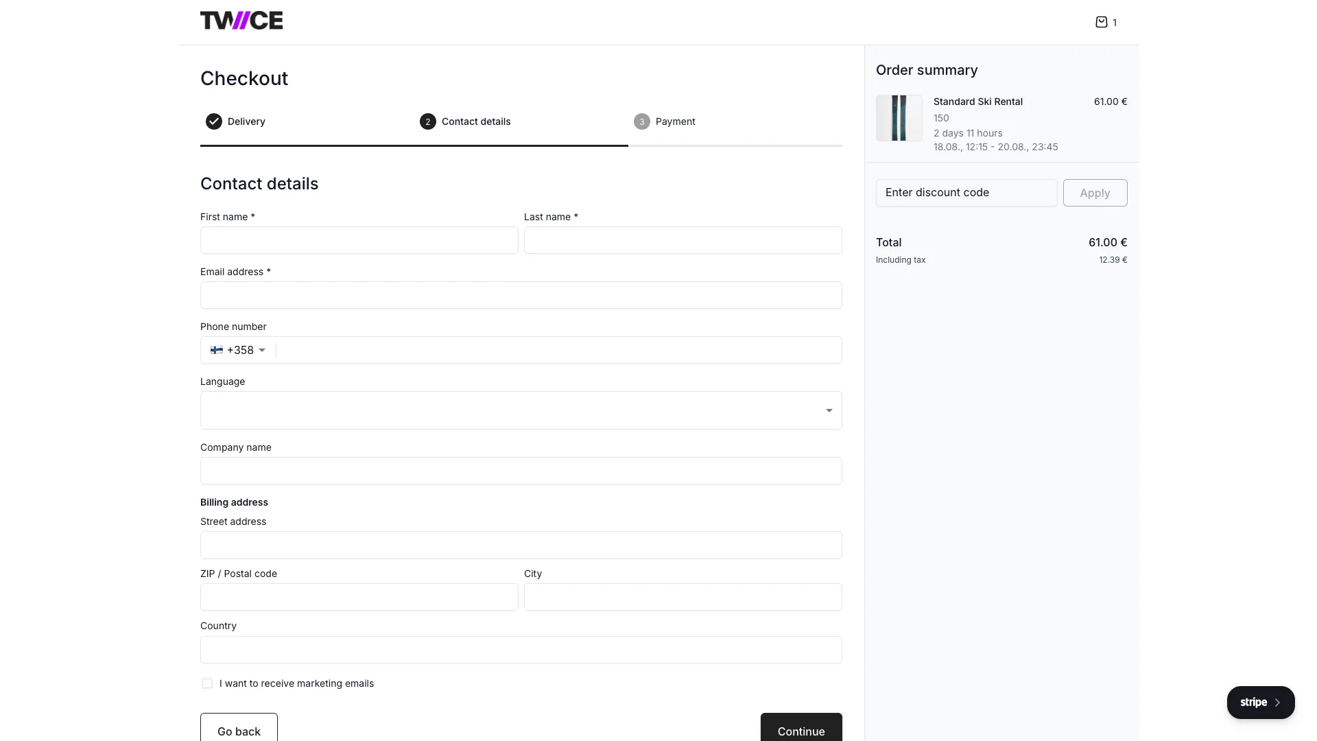 Storefront checkout Contact step with a Billing address group of labelled address lines
