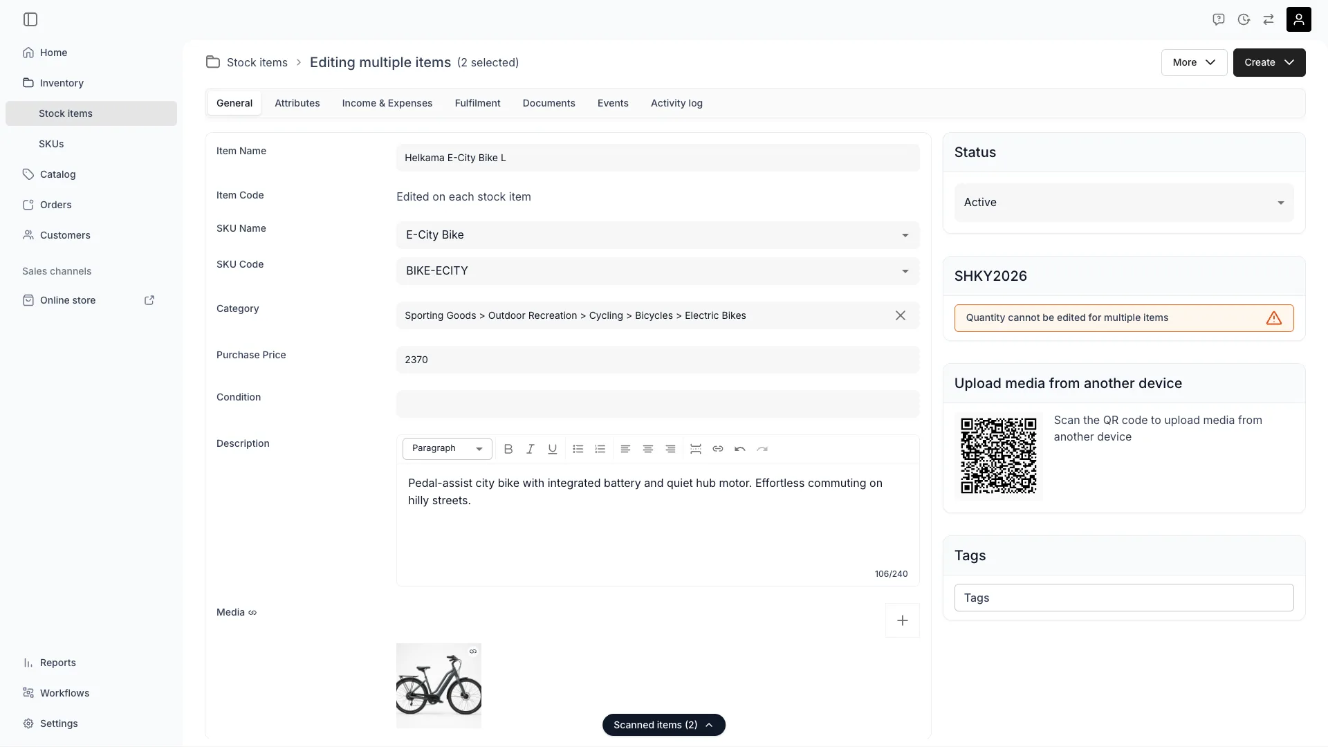 A bulk edit session opened from the scanned pile, headed Editing multiple items, 2 selected