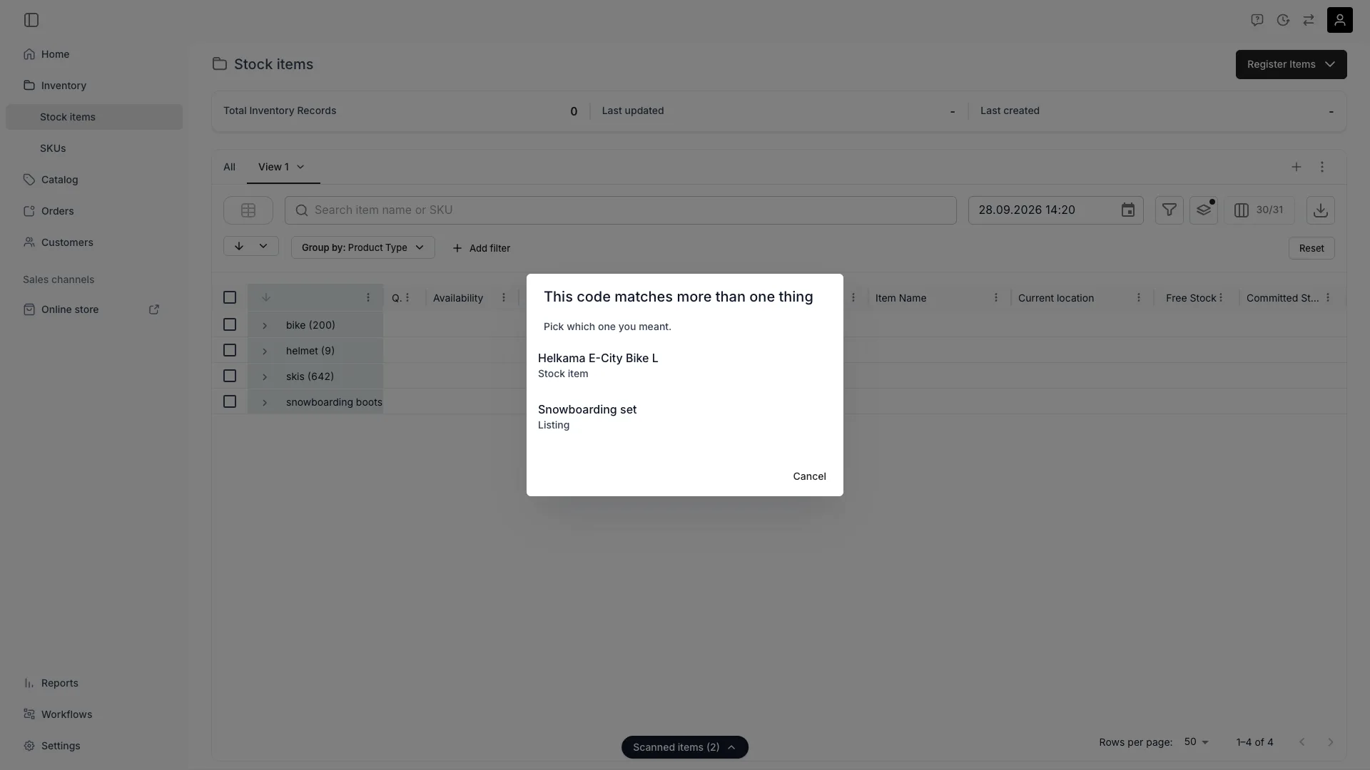 The dialog This code matches more than one thing, listing a stock item and a listing to choose between