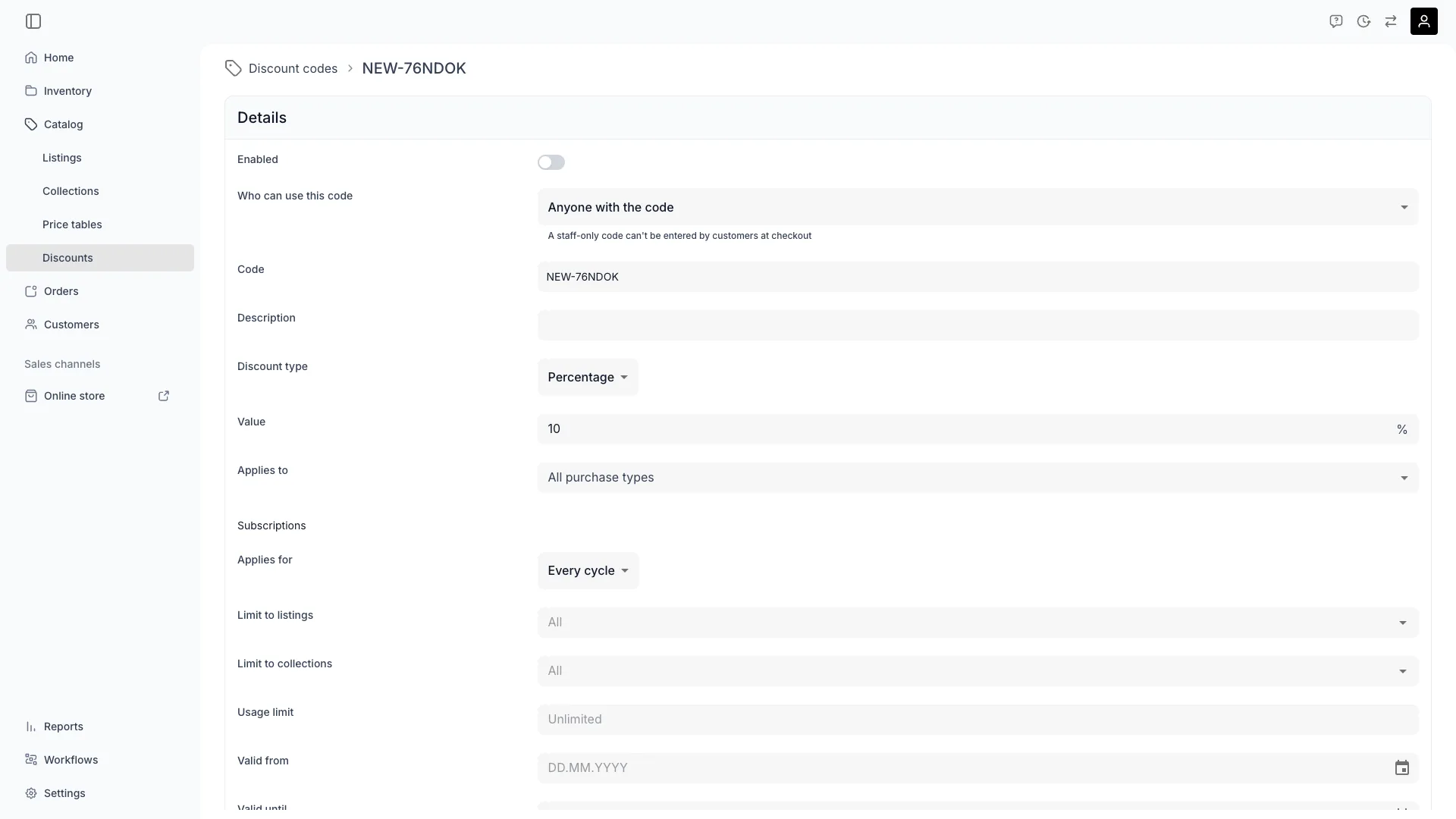 Discount code form in the admin
