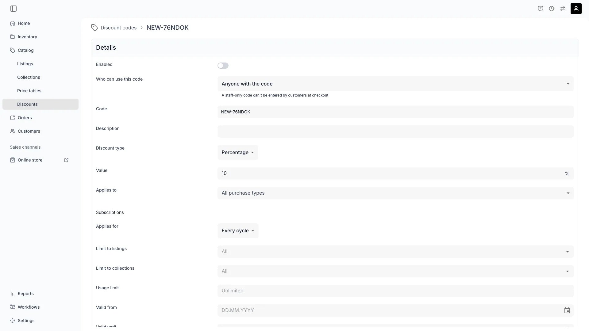 Discount code form in the admin