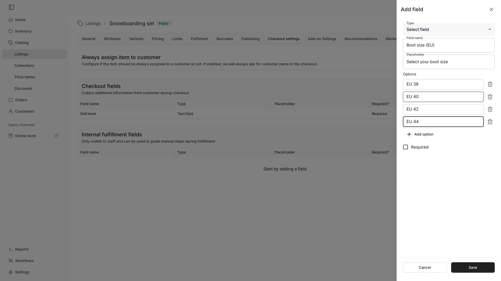 Checkout select field with options editor