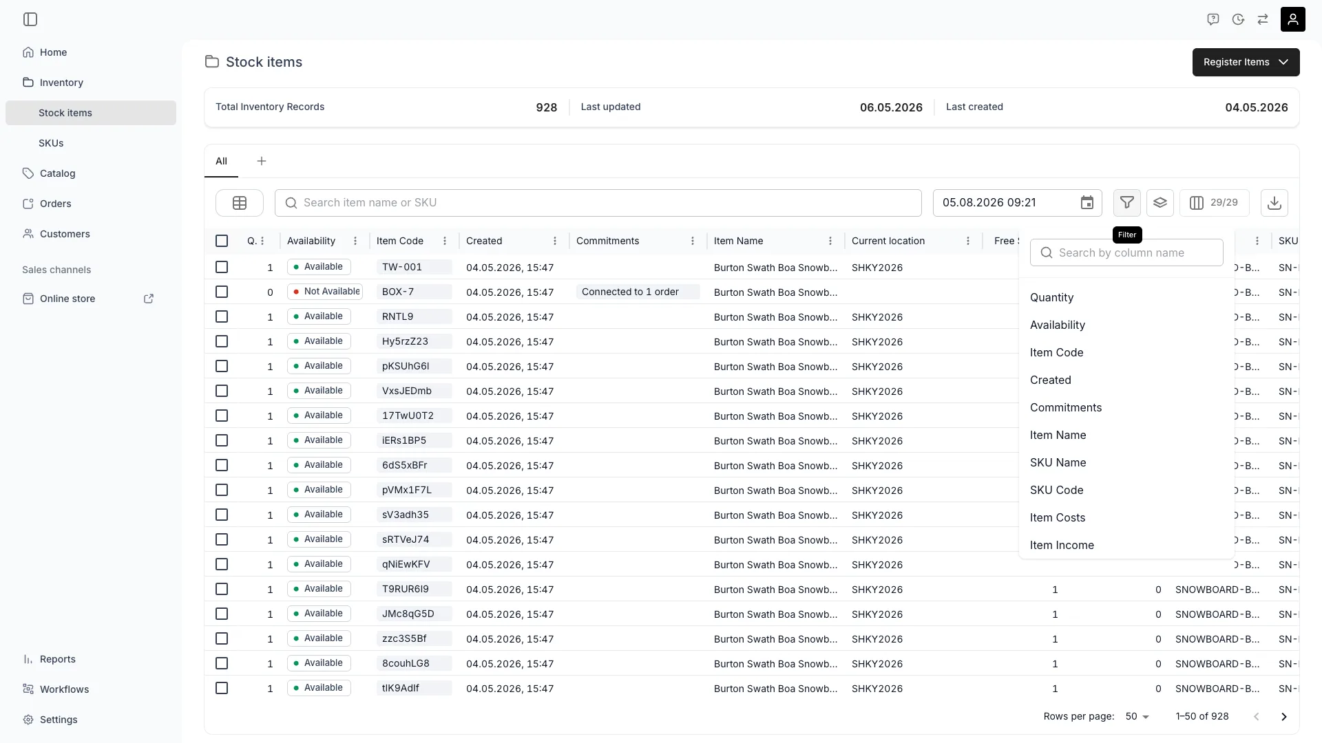 Stock items table with availability and attribute columns