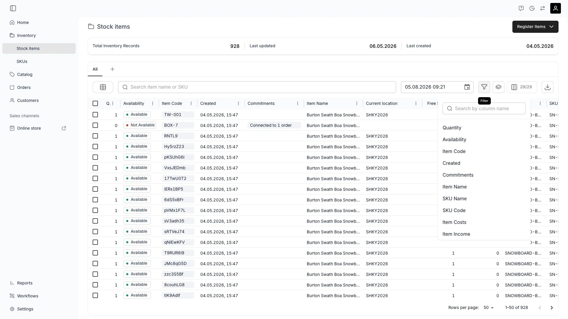 Stock items table with availability and attribute columns