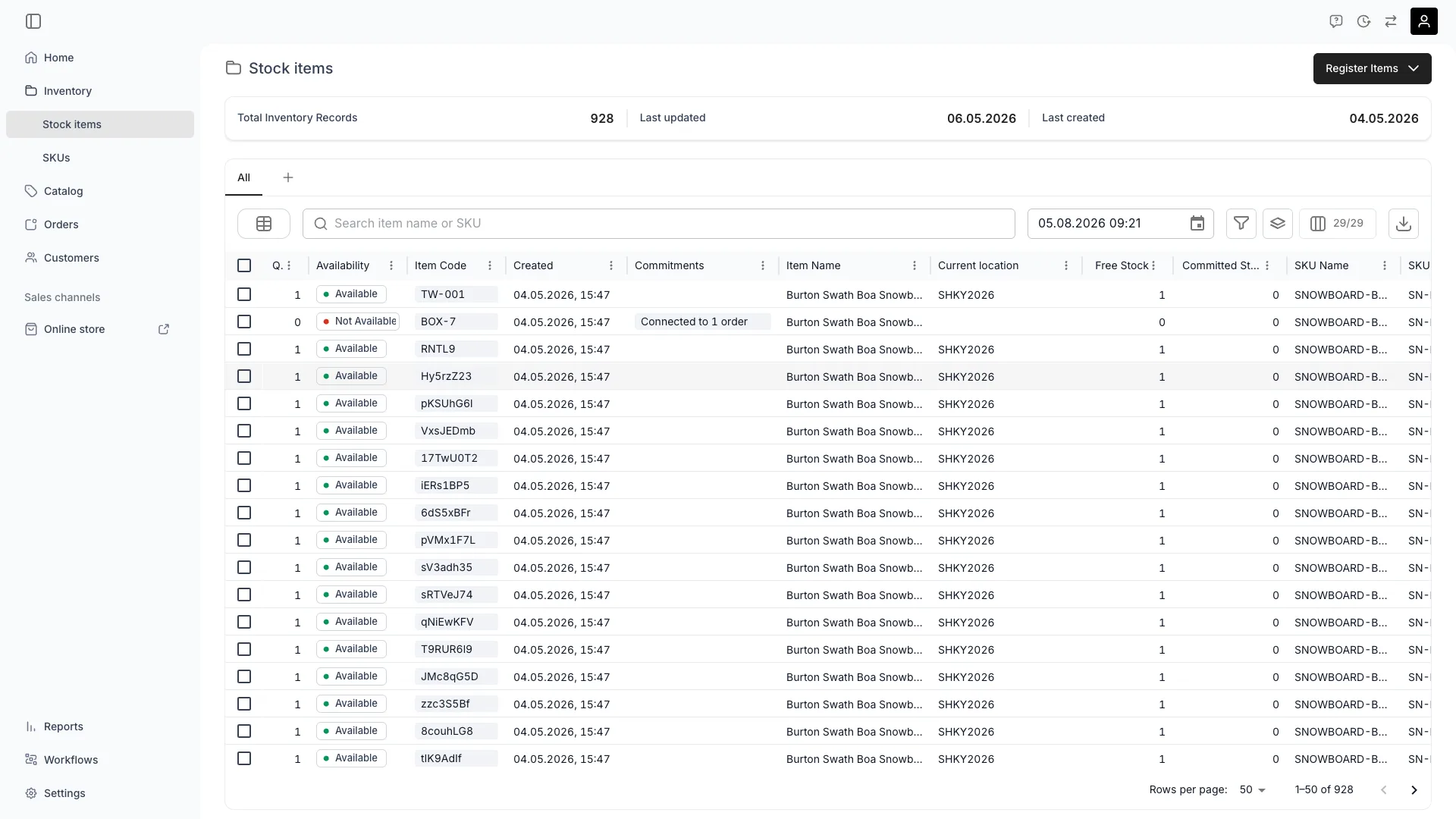 Stock items table in the admin